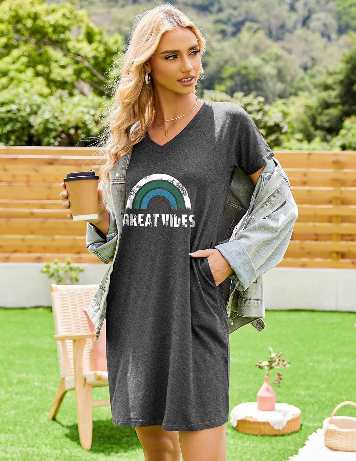 imageEkouaer Womens 2 Pack Nightgown V Neck Sleepshirt Short Sleeve Nightshirt PlainFloral Pajama Dress with PocketsBlackletter