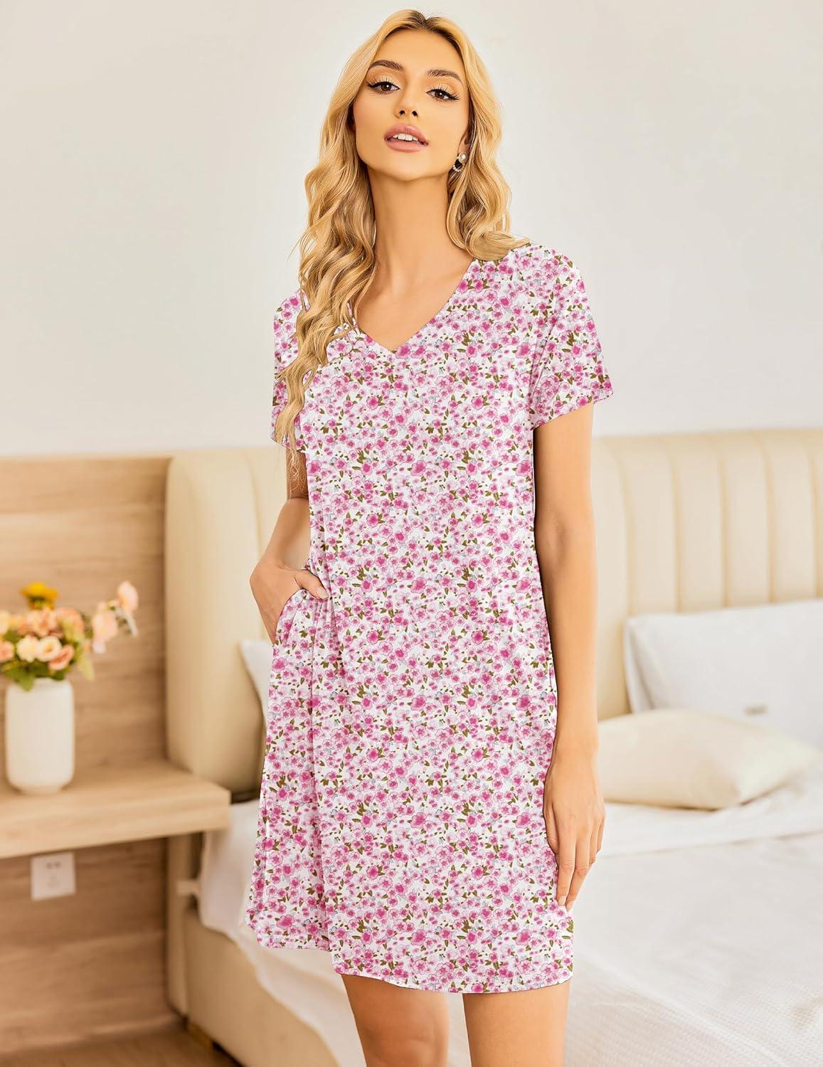 imageEkouaer Womens 2 Pack Nightgown V Neck Sleepshirt Short Sleeve Nightshirt PlainFloral Pajama Dress with PocketsBlackpink Flower