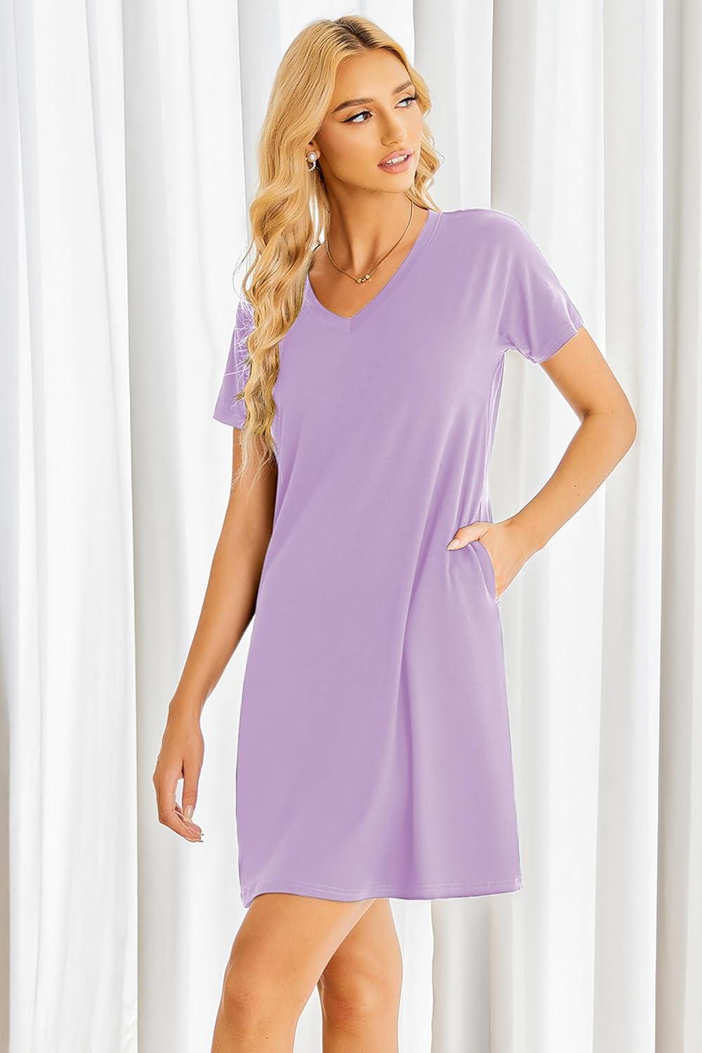 imageEkouaer Womens 2 Pack Nightgown V Neck Sleepshirt Short Sleeve Nightshirt PlainFloral Pajama Dress with PocketsLilacnavy Wavy Striped