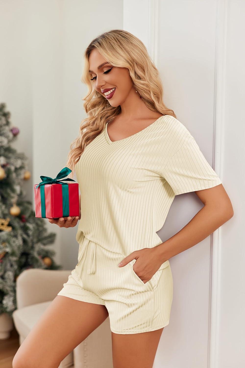 imageEkouaer Womens 2 Piece Lounge Sets Summer Two Piece Outfits Ribbed Knit V Neck Short Sleeve Tee and Pockets Shorts SetsBeige