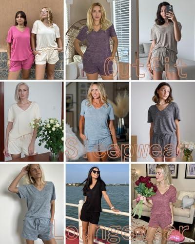 imageEkouaer Womens 2 Piece Lounge Sets Summer Two Piece Outfits Ribbed Knit V Neck Short Sleeve Tee and Pockets Shorts SetsBeige