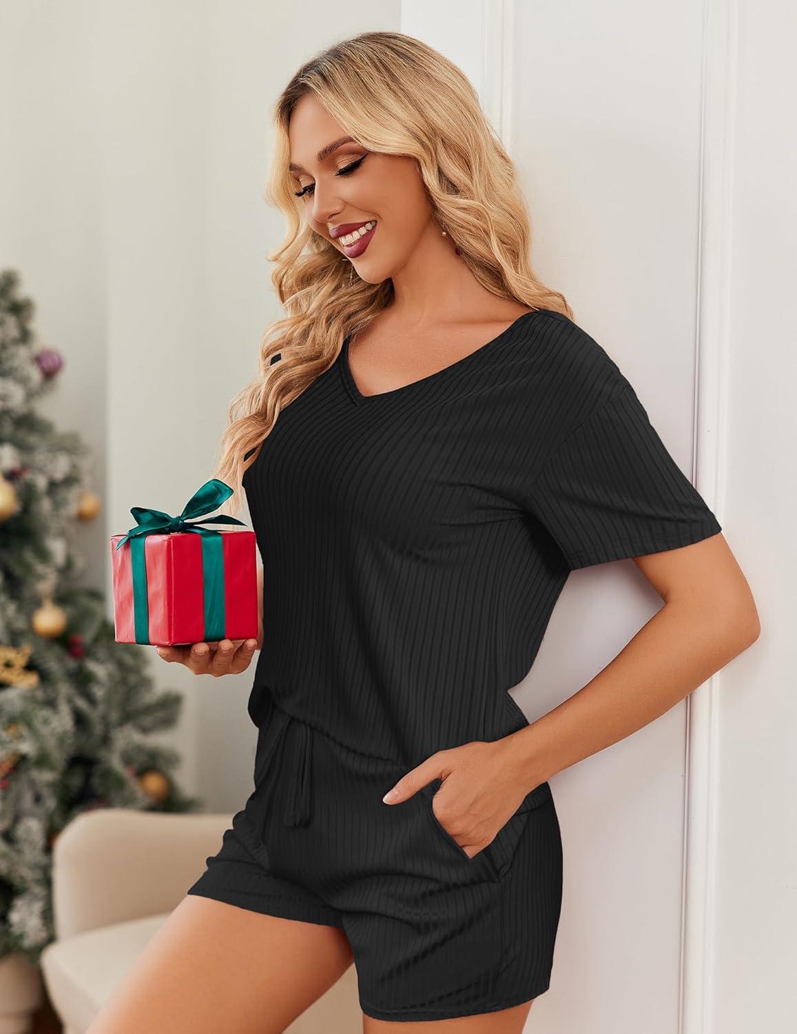 imageEkouaer Womens 2 Piece Lounge Sets Summer Two Piece Outfits Ribbed Knit V Neck Short Sleeve Tee and Pockets Shorts SetsBlack