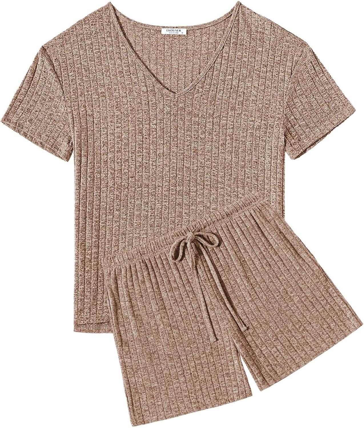 imageEkouaer Womens 2 Piece Lounge Sets Summer Two Piece Outfits Ribbed Knit V Neck Short Sleeve Tee and Pockets Shorts SetsBrown