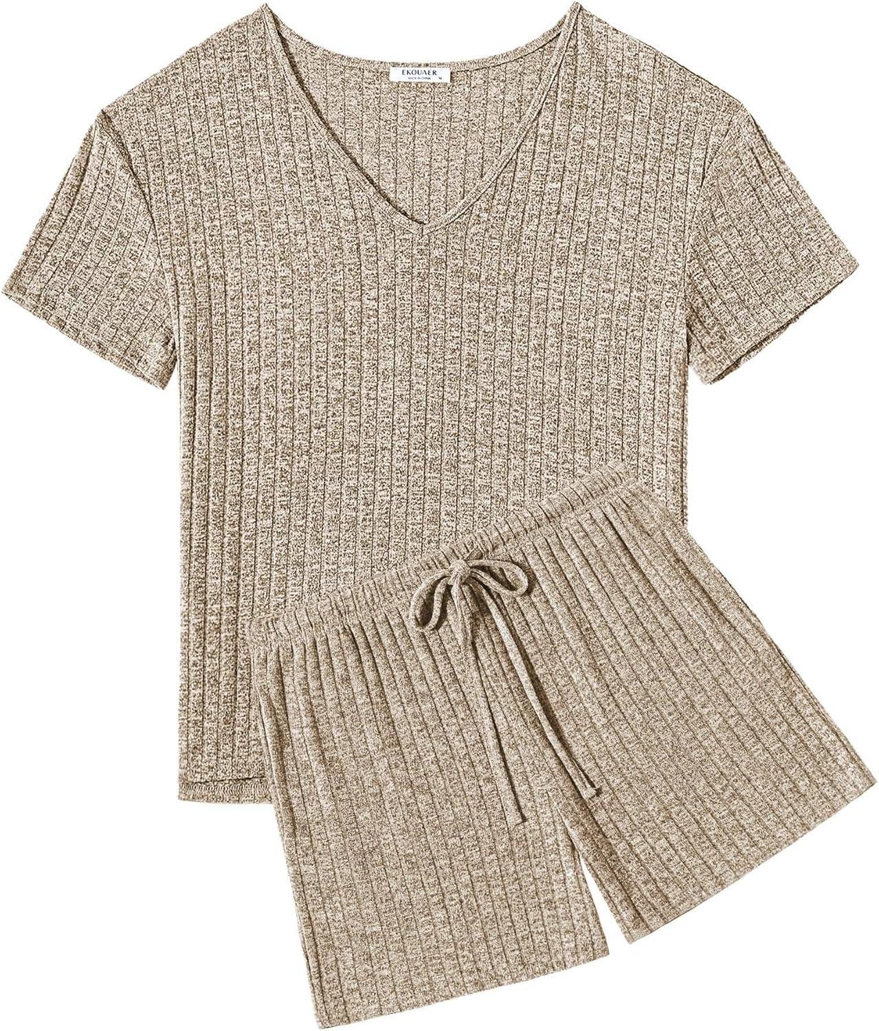 imageEkouaer Womens 2 Piece Lounge Sets Summer Two Piece Outfits Ribbed Knit V Neck Short Sleeve Tee and Pockets Shorts SetsKhaki