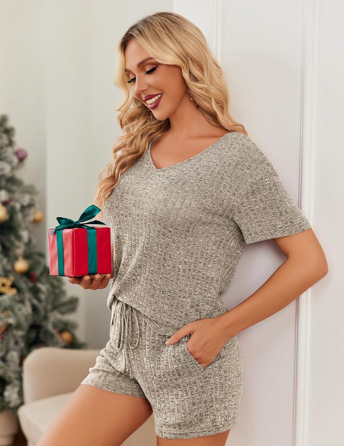 imageEkouaer Womens 2 Piece Lounge Sets Summer Two Piece Outfits Ribbed Knit V Neck Short Sleeve Tee and Pockets Shorts SetsKhaki