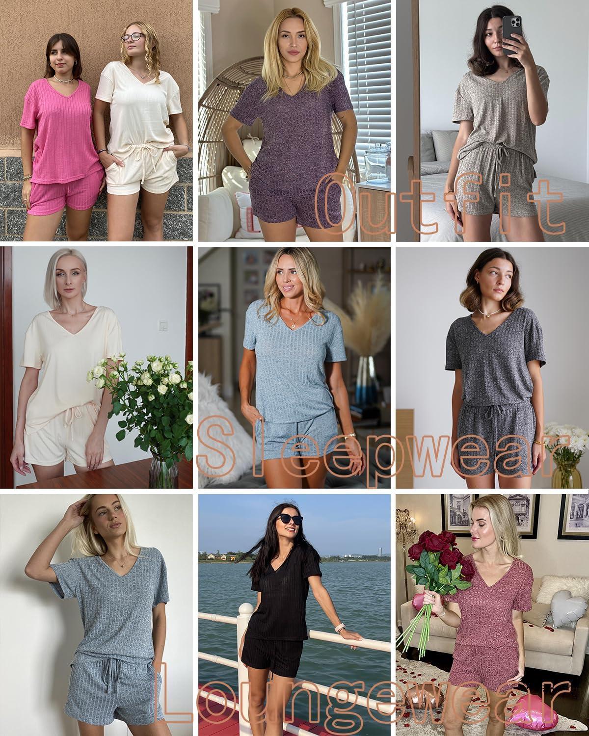 imageEkouaer Womens 2 Piece Lounge Sets Summer Two Piece Outfits Ribbed Knit V Neck Short Sleeve Tee and Pockets Shorts SetsKhaki