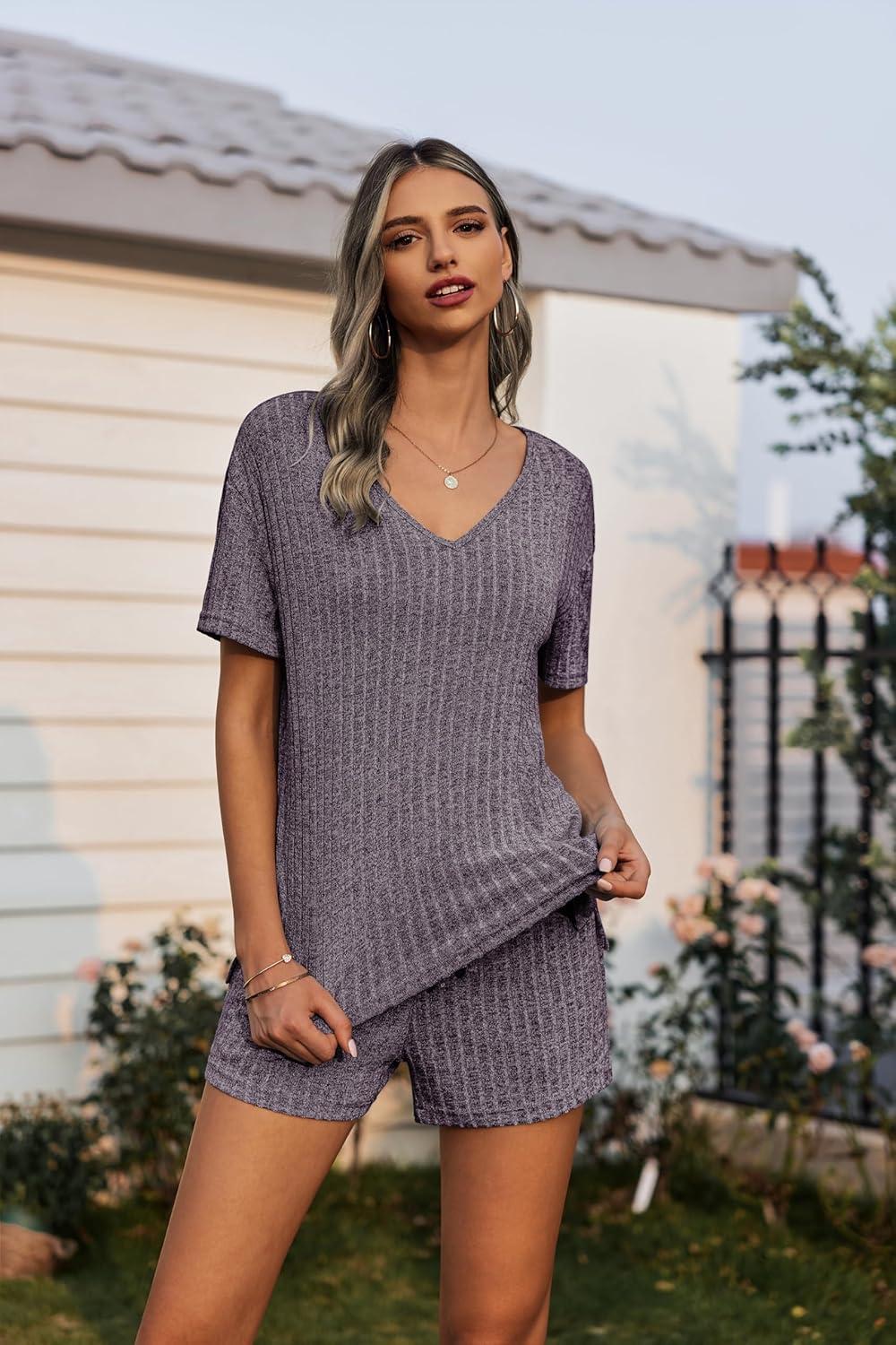 imageEkouaer Womens 2 Piece Lounge Sets Summer Two Piece Outfits Ribbed Knit V Neck Short Sleeve Tee and Pockets Shorts SetsPurple