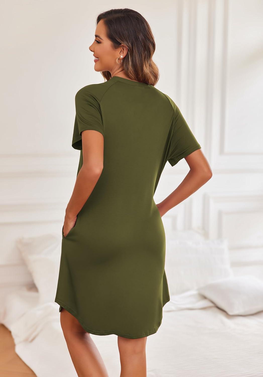 imageEkouaer Womens Button Down Nightgown Short Sleeve Sleepshirt V Neck Night Shirt Soft Pajamas Dress with PocketsArmy Green