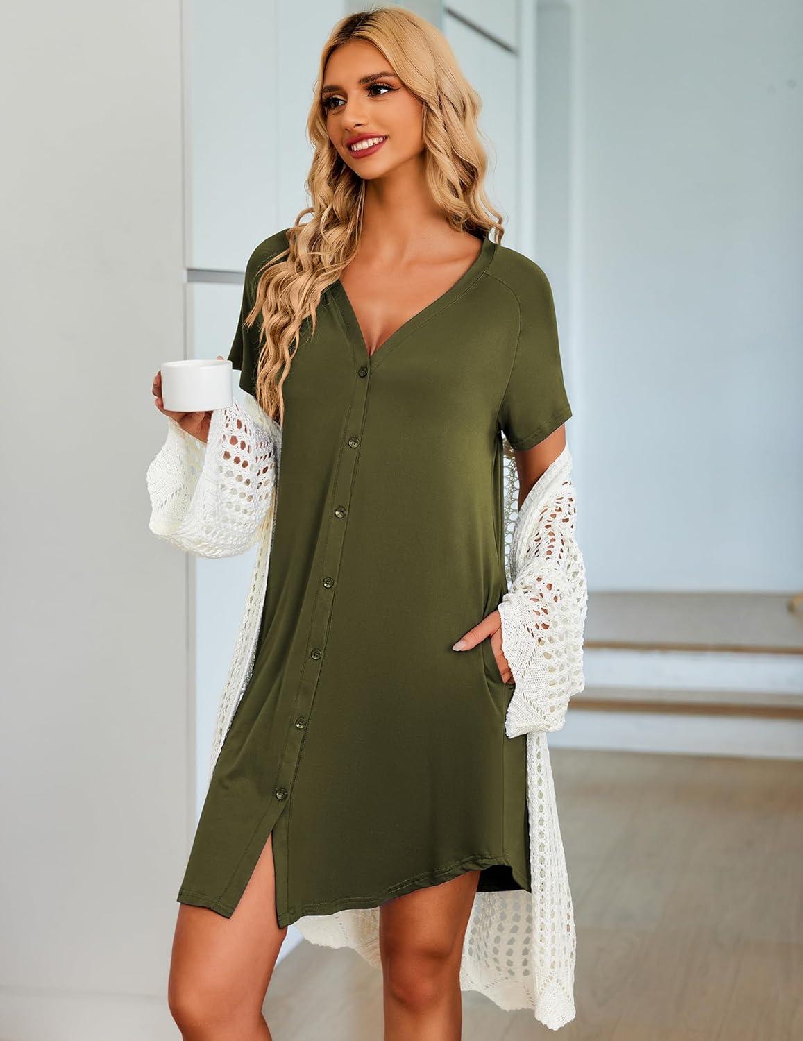imageEkouaer Womens Button Down Nightgown Short Sleeve Sleepshirt V Neck Night Shirt Soft Pajamas Dress with PocketsArmy Green