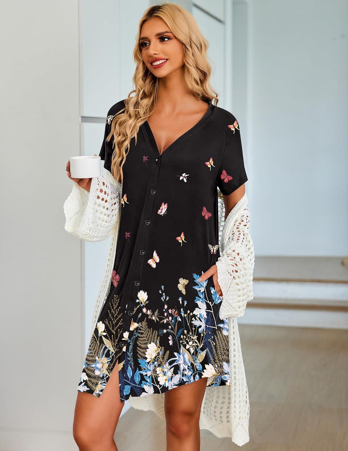 imageEkouaer Womens Button Down Nightgown Short Sleeve Sleepshirt V Neck Night Shirt Soft Pajamas Dress with PocketsBlack Butterfly
