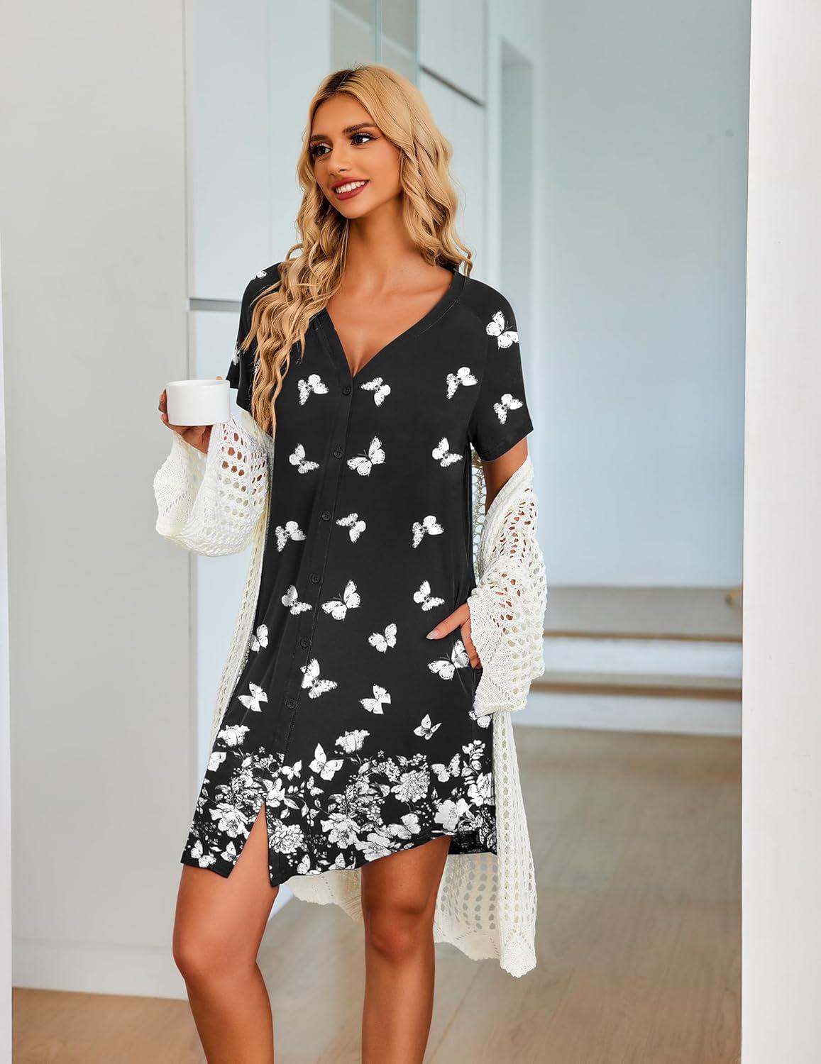 imageEkouaer Womens Button Down Nightgown Short Sleeve Sleepshirt V Neck Night Shirt Soft Pajamas Dress with PocketsBlack Butterflys