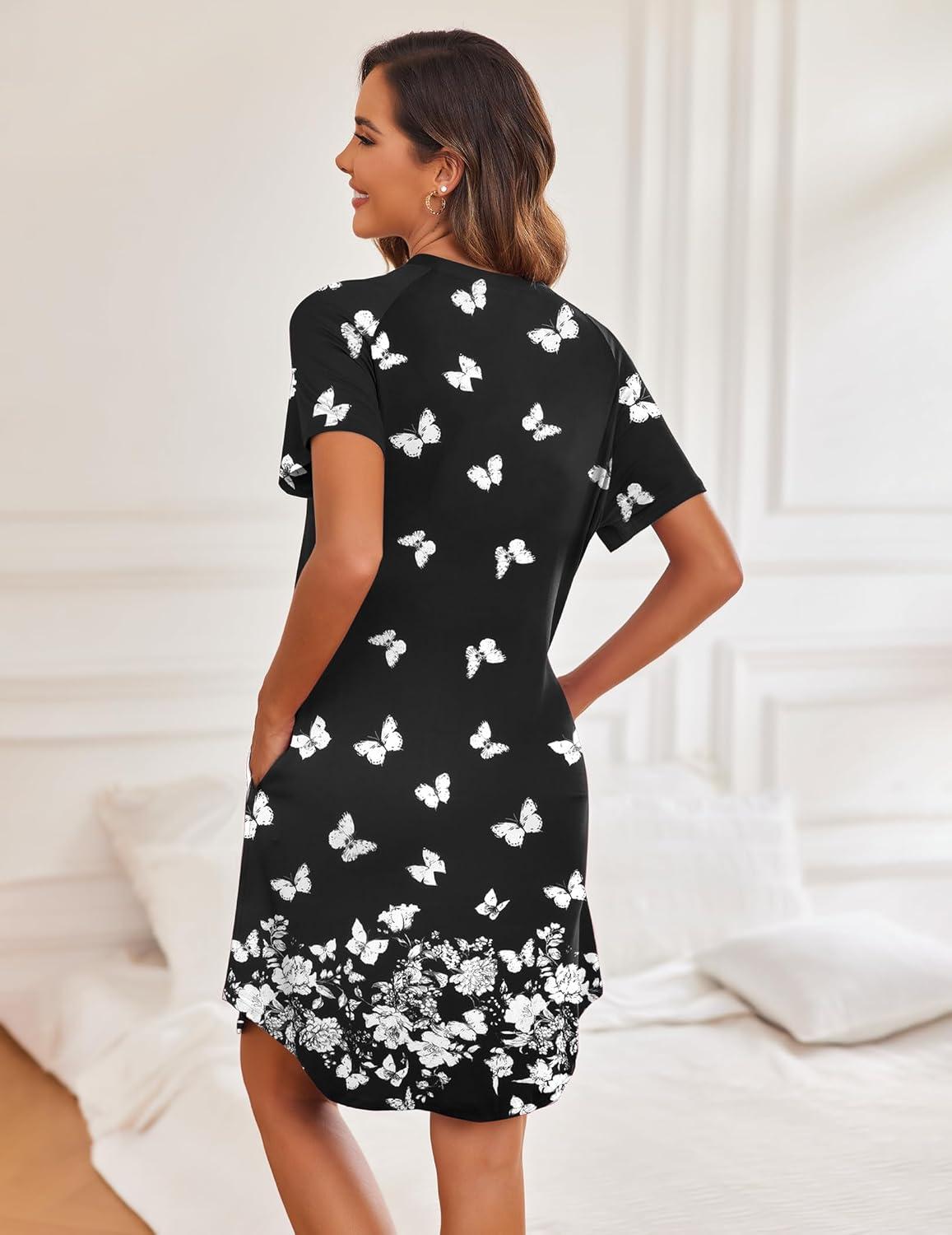 imageEkouaer Womens Button Down Nightgown Short Sleeve Sleepshirt V Neck Night Shirt Soft Pajamas Dress with PocketsBlack Butterflys