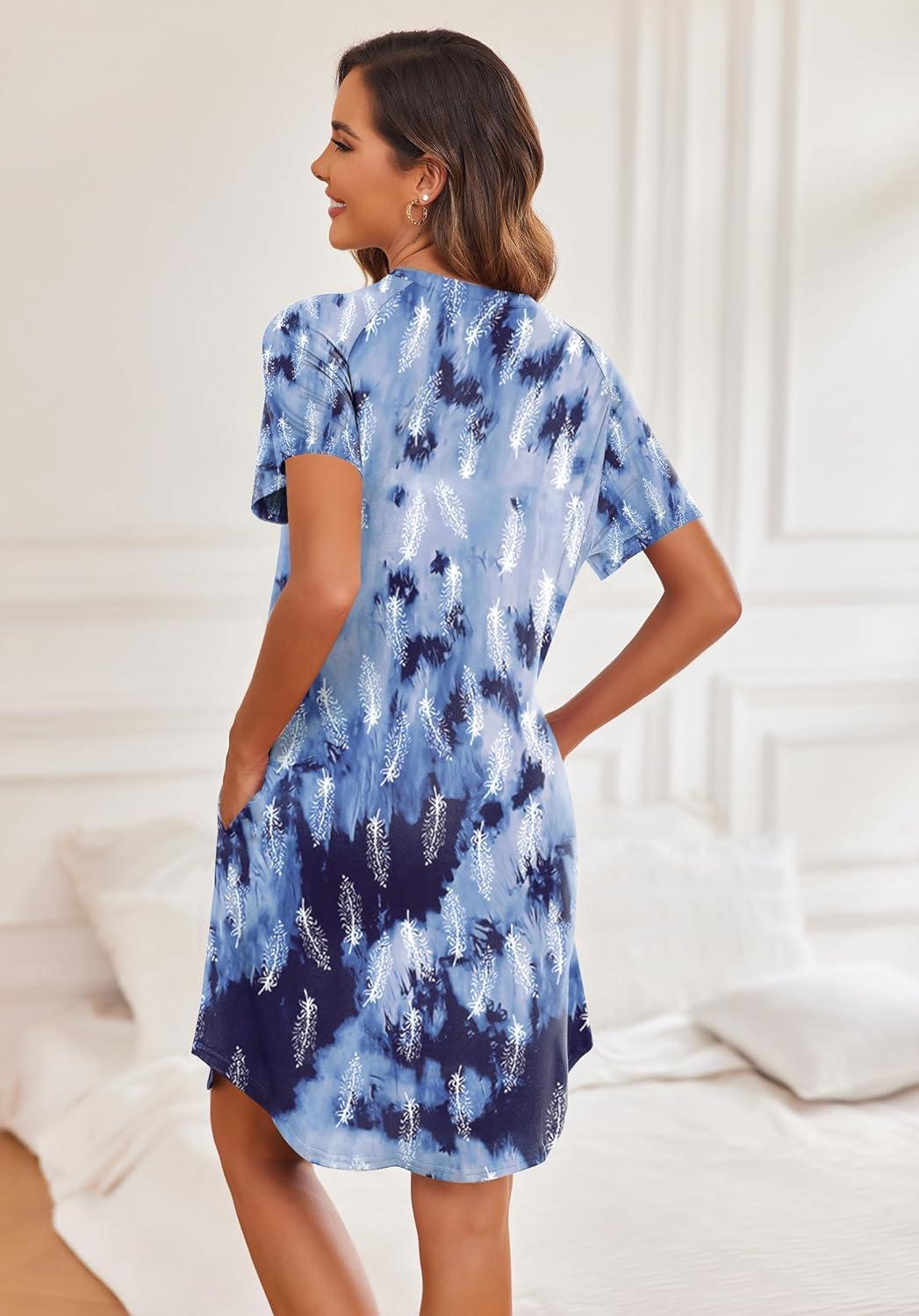 imageEkouaer Womens Button Down Nightgown Short Sleeve Sleepshirt V Neck Night Shirt Soft Pajamas Dress with PocketsFeather Print