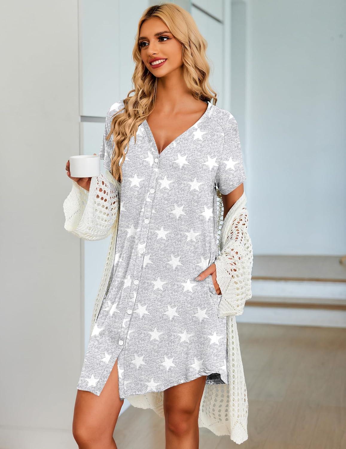 imageEkouaer Womens Button Down Nightgown Short Sleeve Sleepshirt V Neck Night Shirt Soft Pajamas Dress with PocketsGrey Star