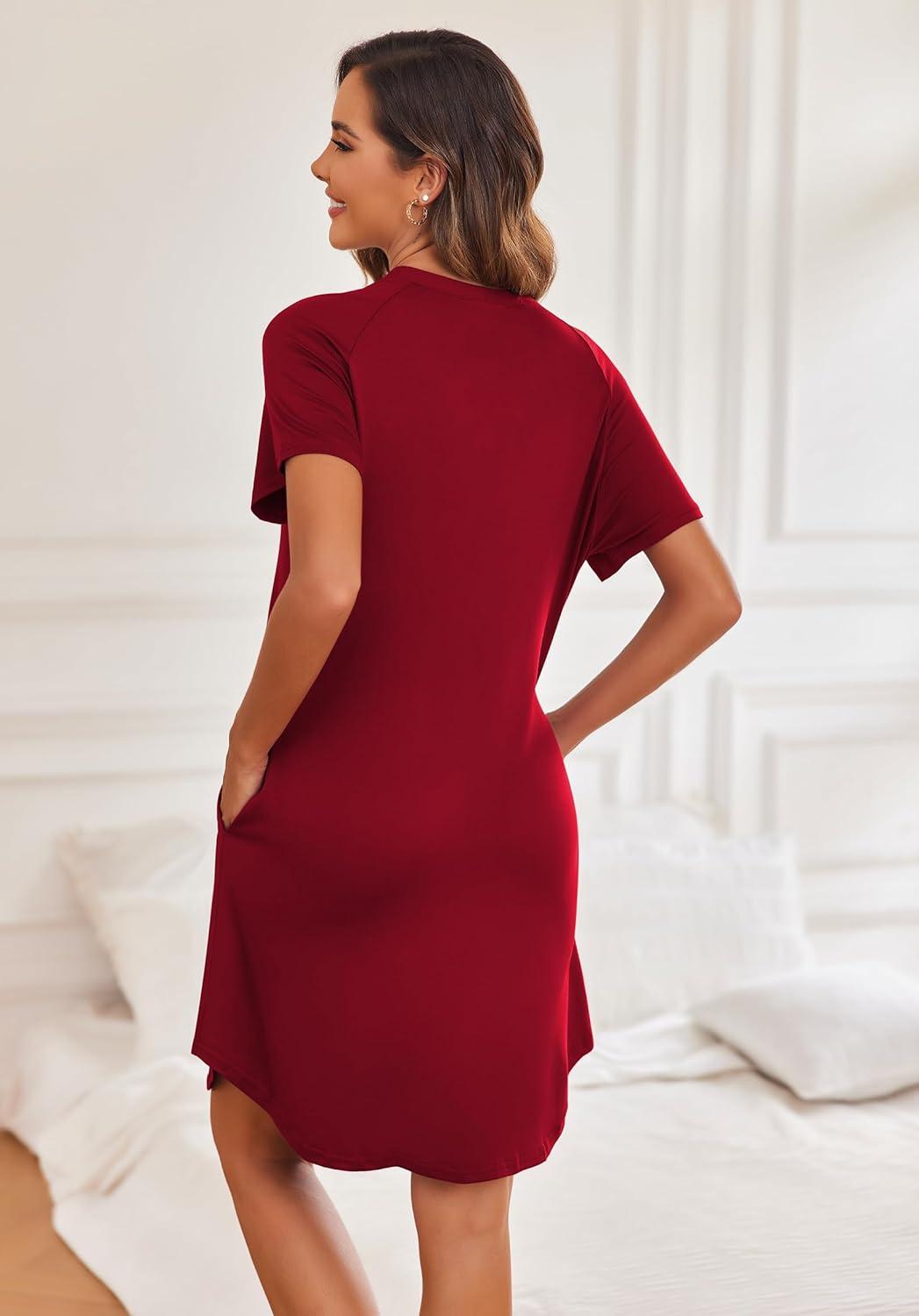 imageEkouaer Womens Button Down Nightgown Short Sleeve Sleepshirt V Neck Night Shirt Soft Pajamas Dress with PocketsWine Red