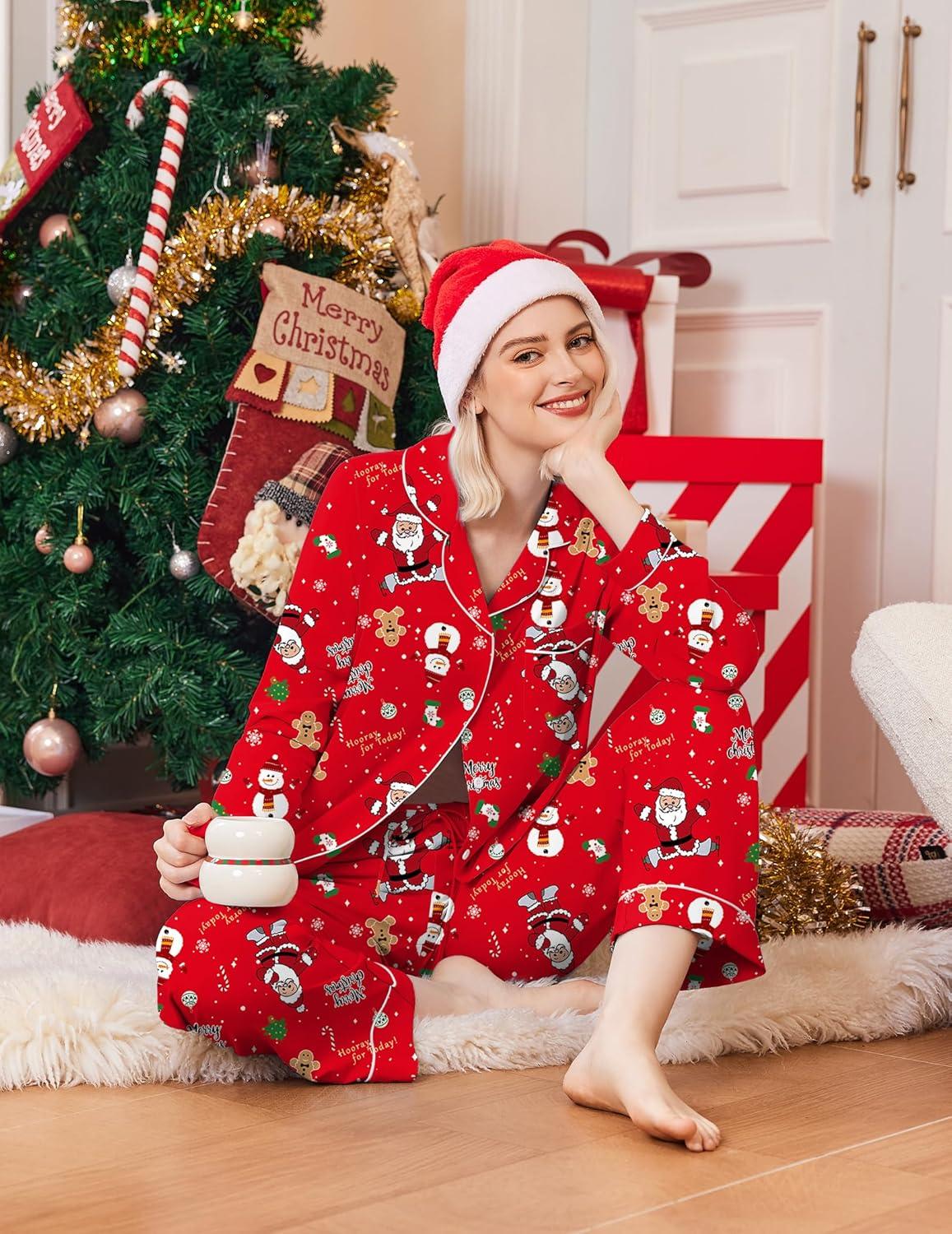 imageEkouaer Womens Classic Sleepwear Long Pajama Set SXXLChristmas Red
