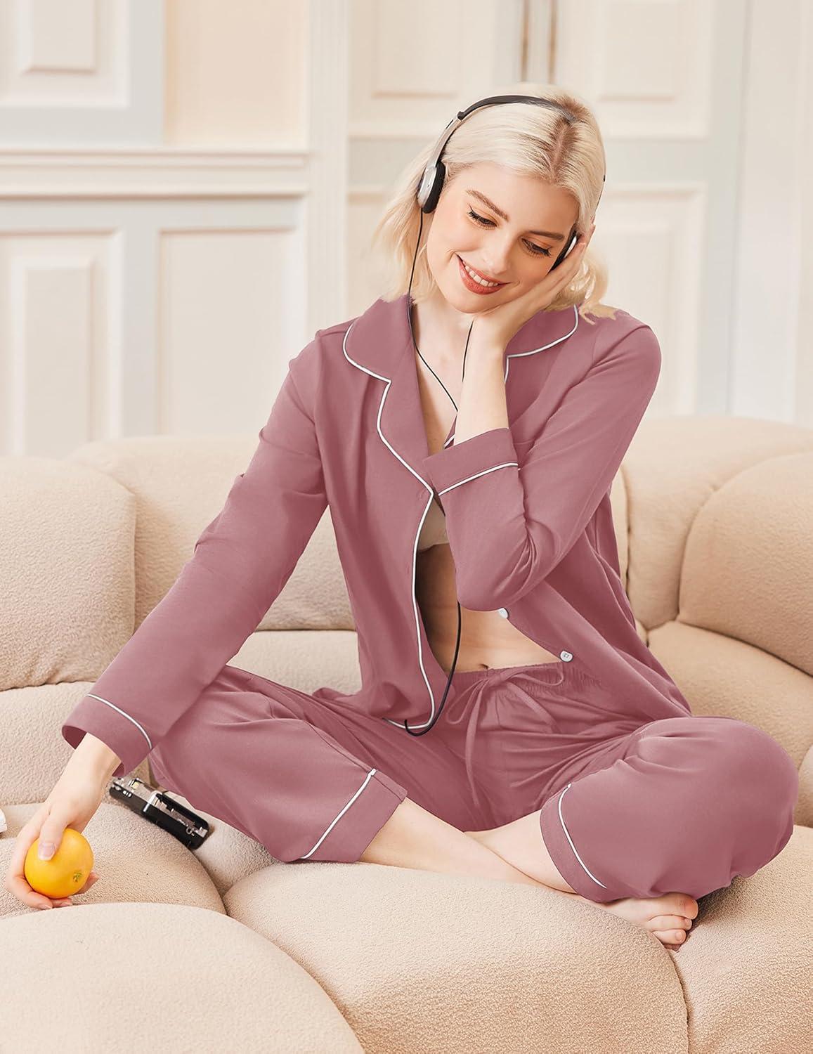 imageEkouaer Womens Classic Sleepwear Long Pajama Set SXXLPale Violet Red