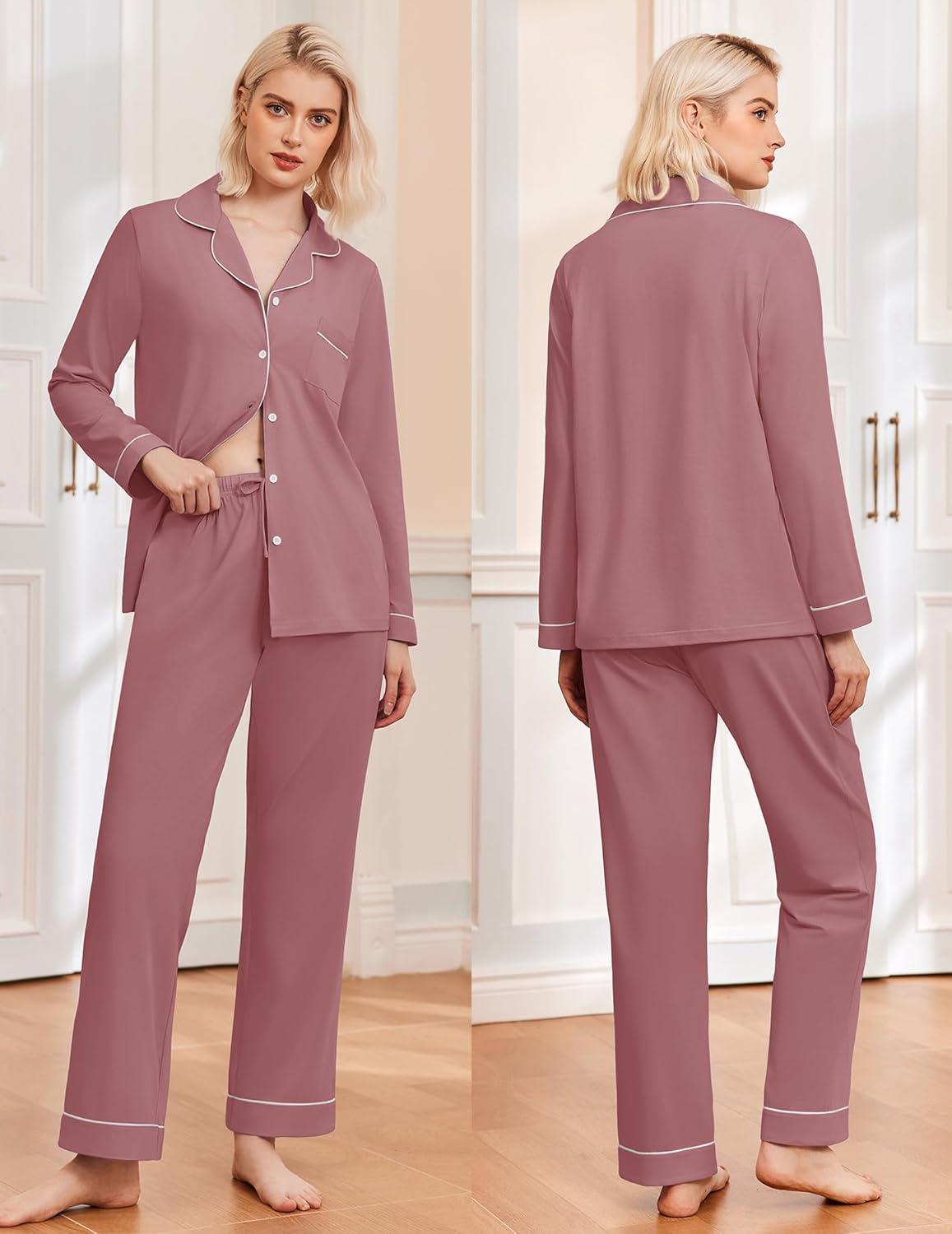 imageEkouaer Womens Classic Sleepwear Long Pajama Set SXXLPale Violet Red