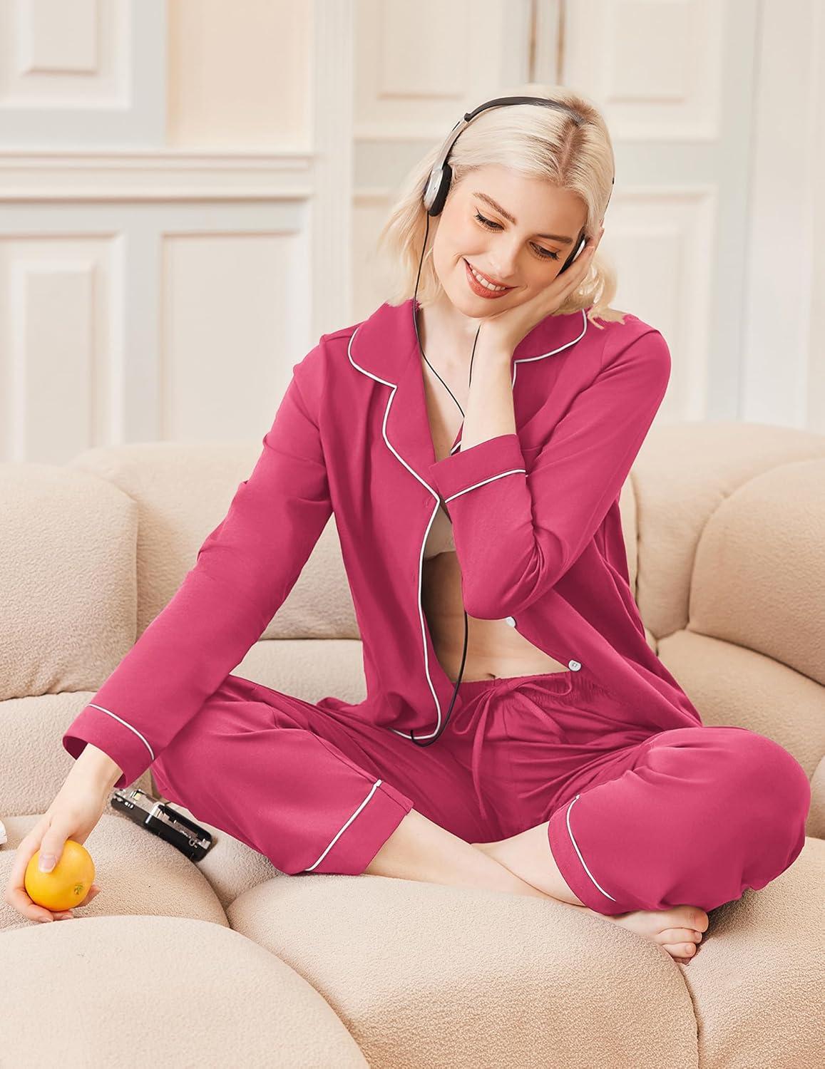 imageEkouaer Womens Classic Sleepwear Long Pajama Set SXXLRosy