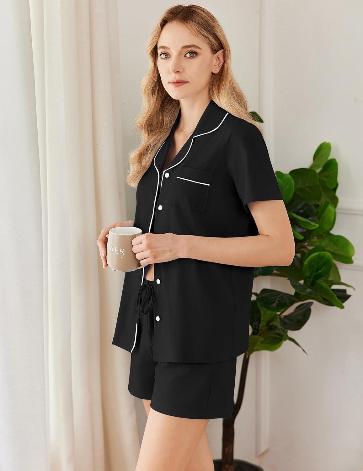 imageEkouaer Womens Cotton Pajamas Set Classic Short Sleeve Pjs Set Soft Button Down Sleepwear LoungewearBlack