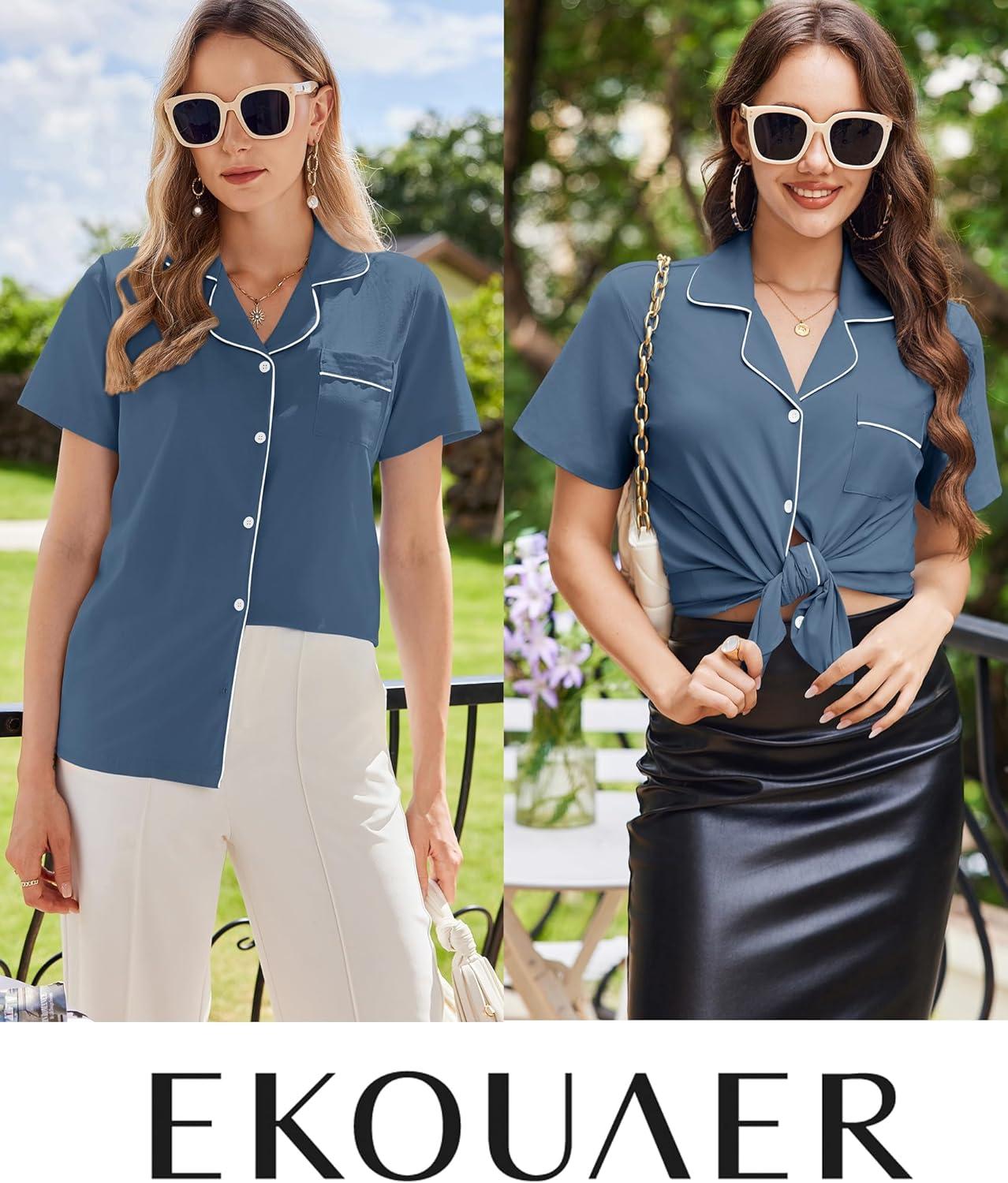 imageEkouaer Womens Cotton Pajamas Set Classic Short Sleeve Pjs Set Soft Button Down Sleepwear LoungewearNavy Blue