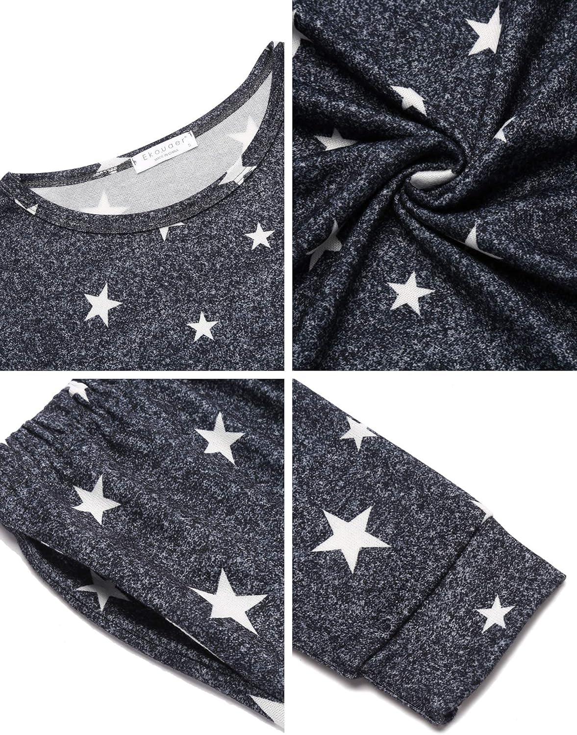 imageEkouaer Womens Jogger Pajama Sets Long Sleeve Sleepwear Round Neck Nightwear Soft Pjs Lounge Sets with PocketsDark Grey White Star