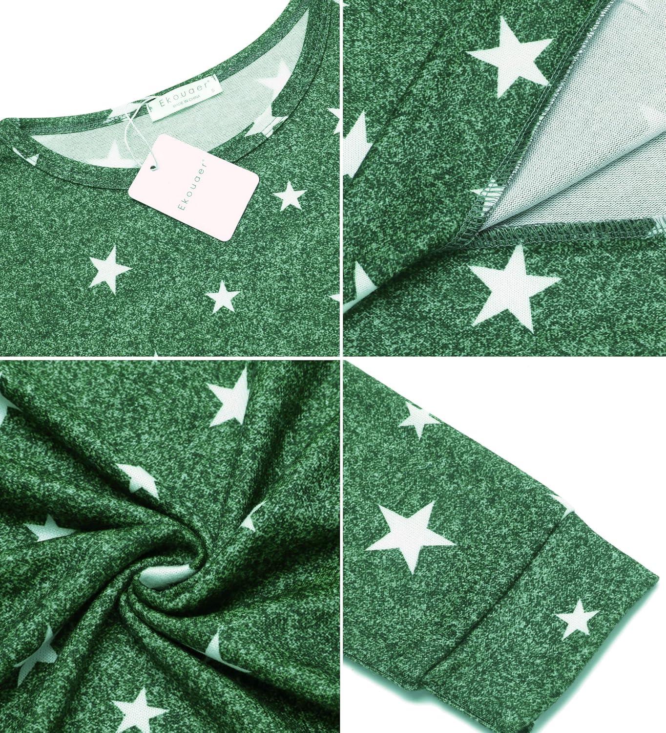 imageEkouaer Womens Jogger Pajama Sets Long Sleeve Sleepwear Round Neck Nightwear Soft Pjs Lounge Sets with PocketsGreen White Star