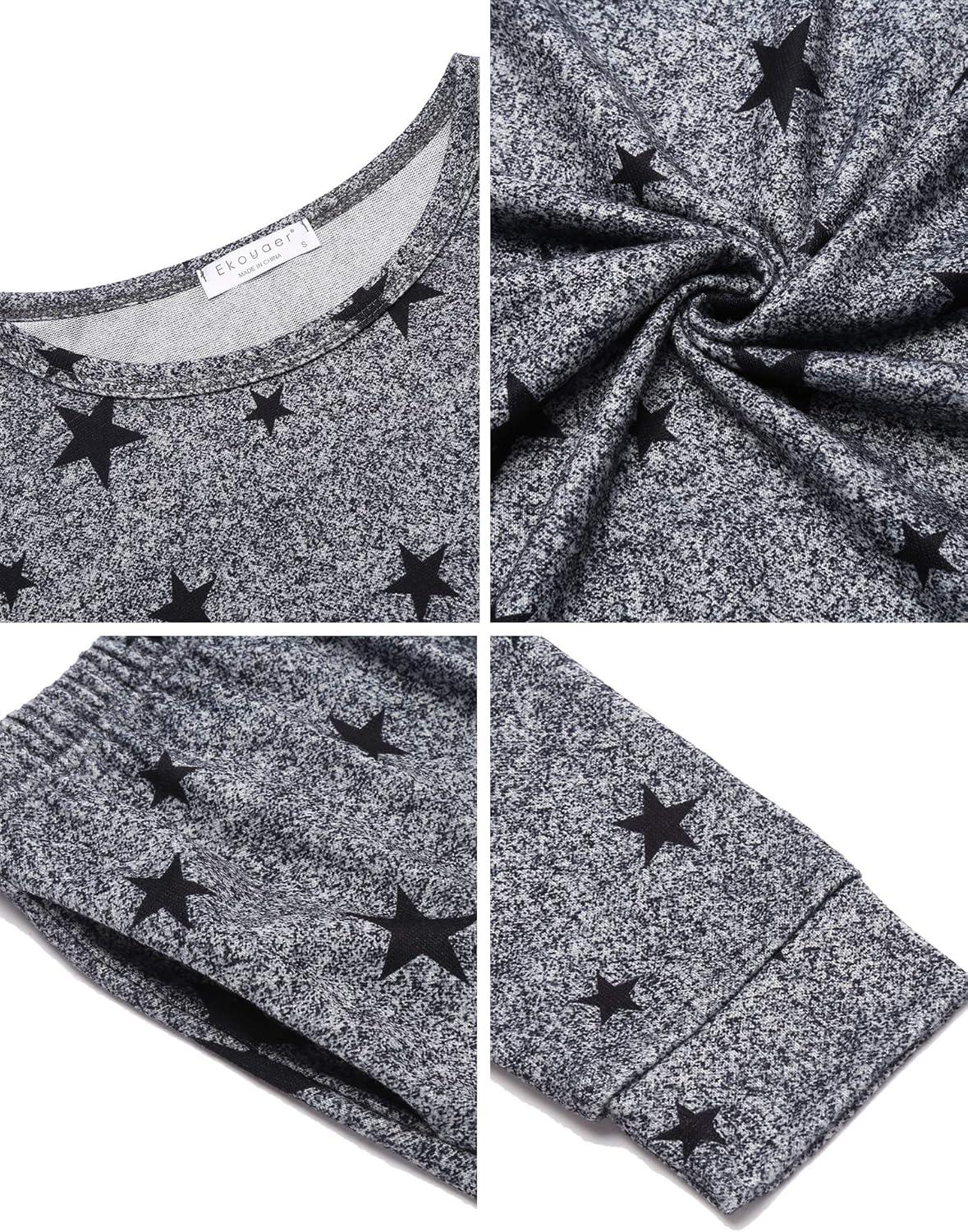 imageEkouaer Womens Jogger Pajama Sets Long Sleeve Sleepwear Round Neck Nightwear Soft Pjs Lounge Sets with PocketsMedium Grey Black Star