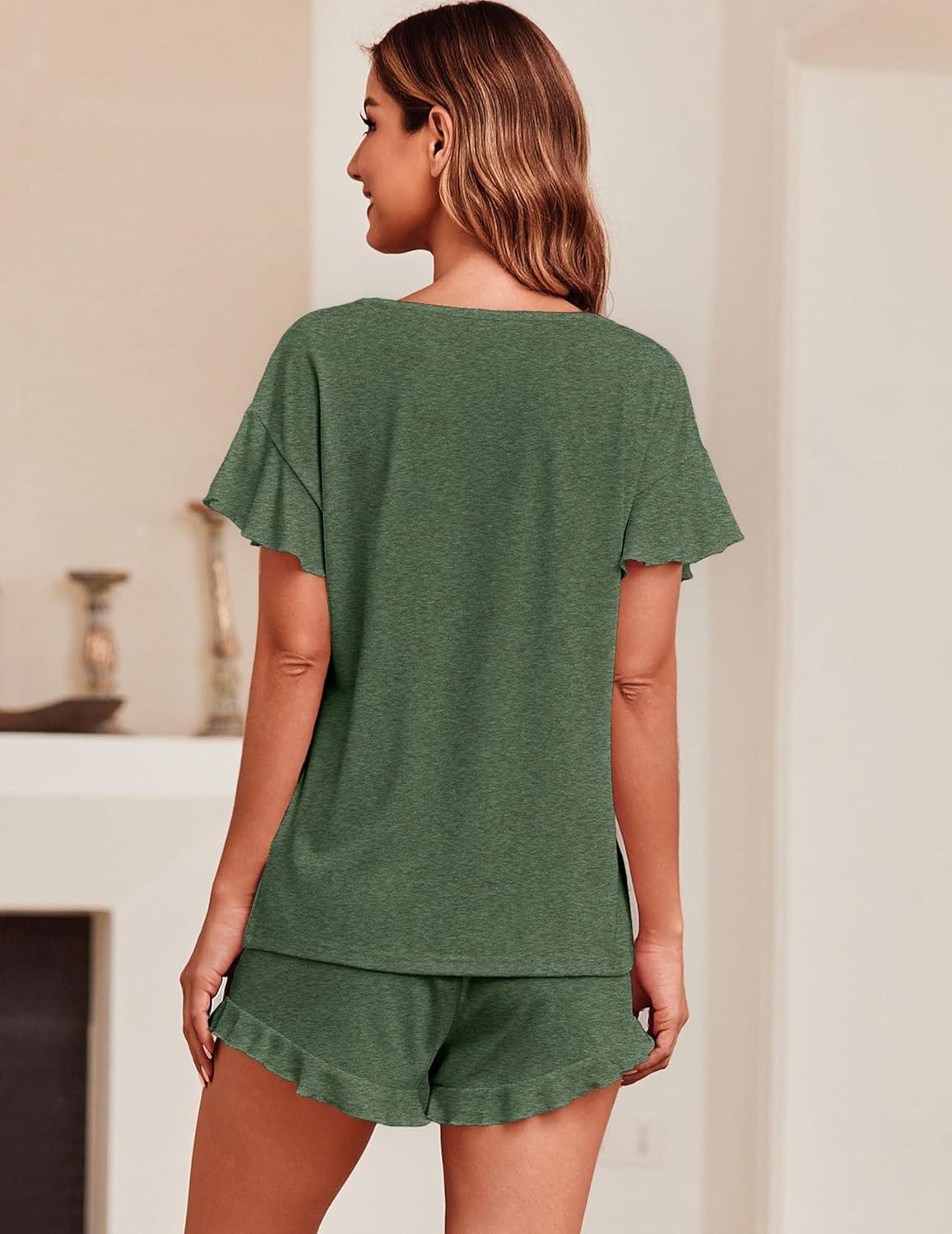 imageEkouaer Womens Pajama Set Ruffle Sleeves Top and Short Soft 2 Piece Loungewear SetArmy Green