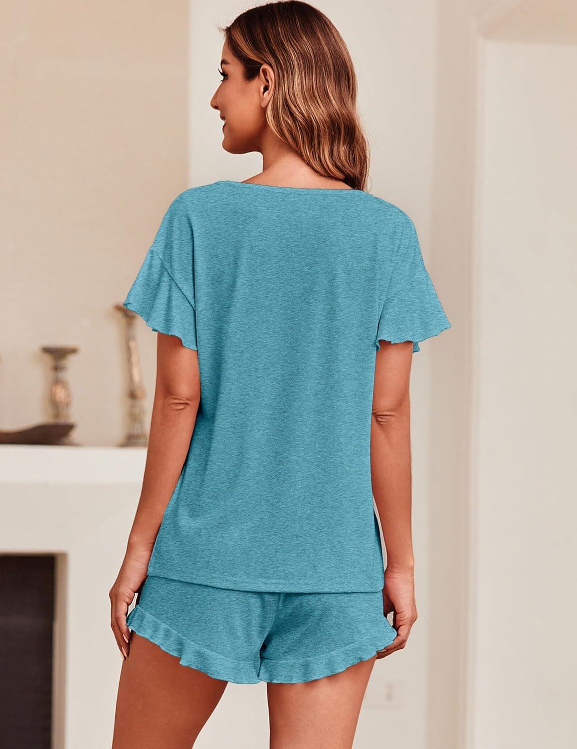 imageEkouaer Womens Pajama Set Ruffle Sleeves Top and Short Soft 2 Piece Loungewear SetBlue Green