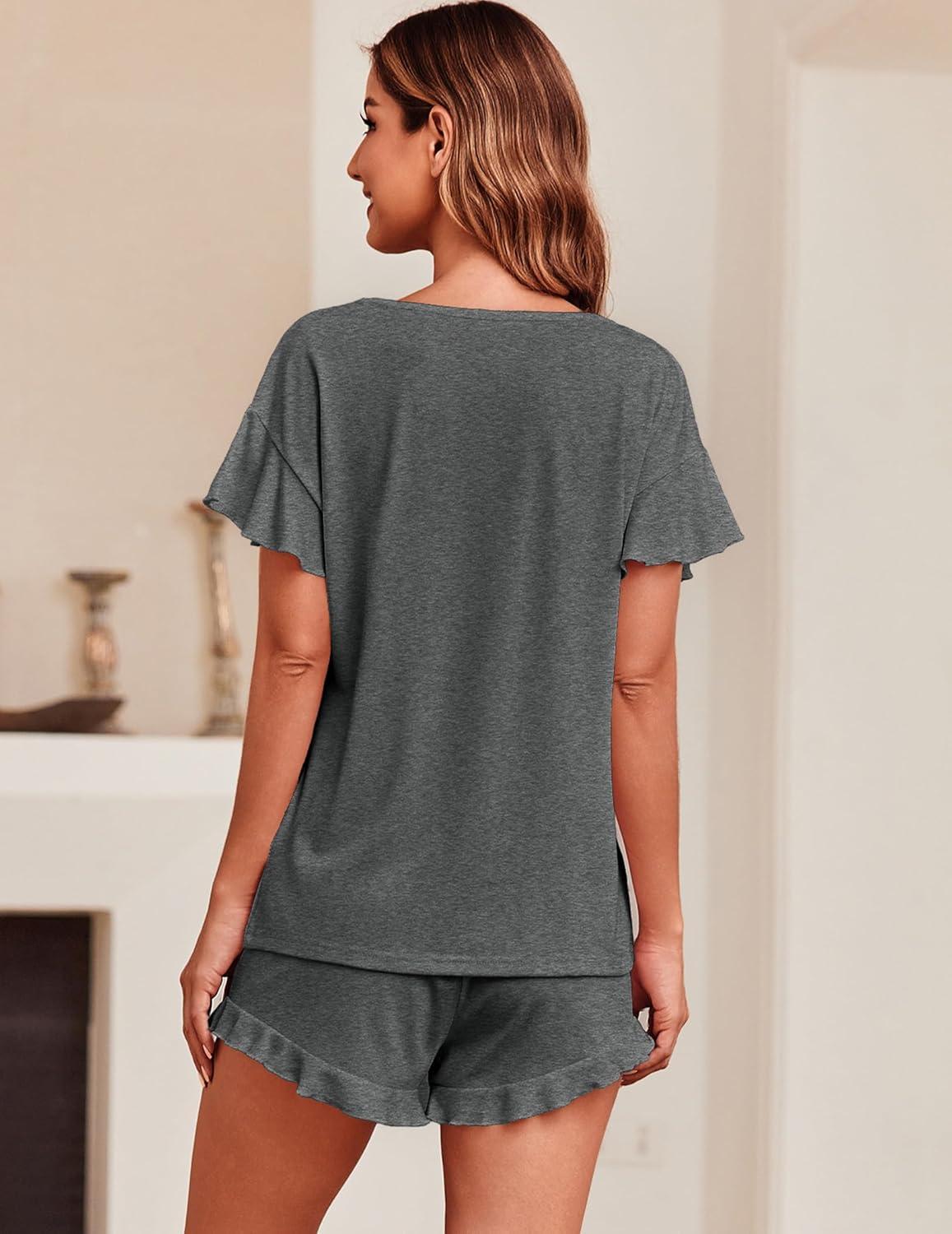 imageEkouaer Womens Pajama Set Ruffle Sleeves Top and Short Soft 2 Piece Loungewear SetDark Gray