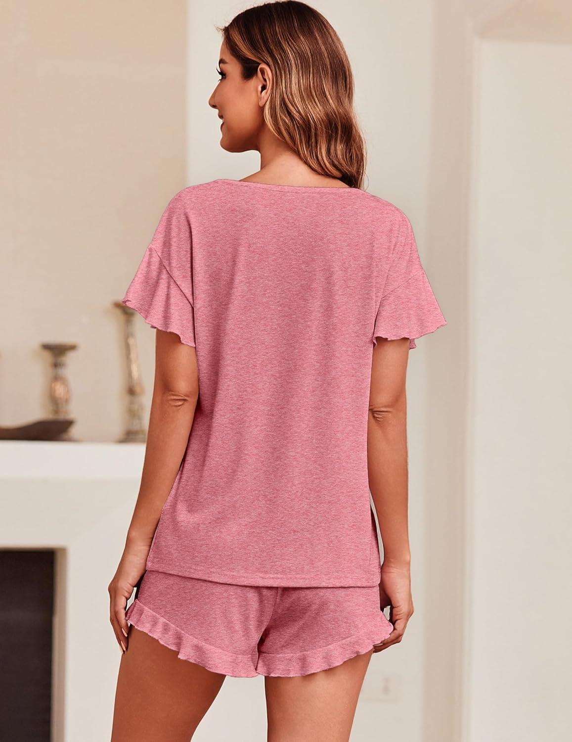 imageEkouaer Womens Pajama Set Ruffle Sleeves Top and Short Soft 2 Piece Loungewear SetDusty Rose