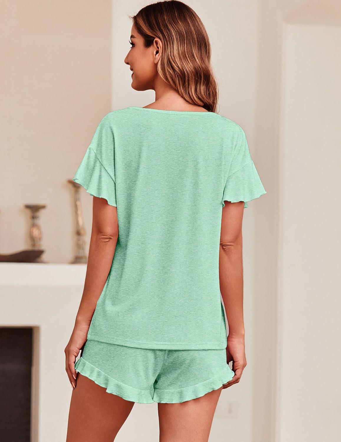 imageEkouaer Womens Pajama Set Ruffle Sleeves Top and Short Soft 2 Piece Loungewear SetGossamer Green