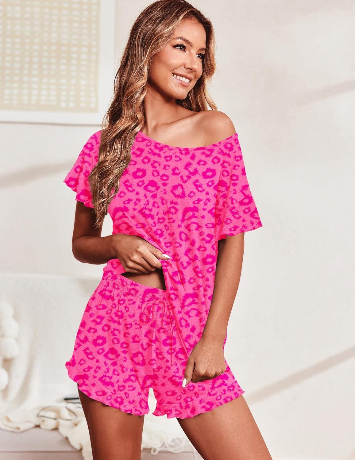 imageEkouaer Womens Pajama Set Ruffle Sleeves Top and Short Soft 2 Piece Loungewear SetHot Pink Leopard