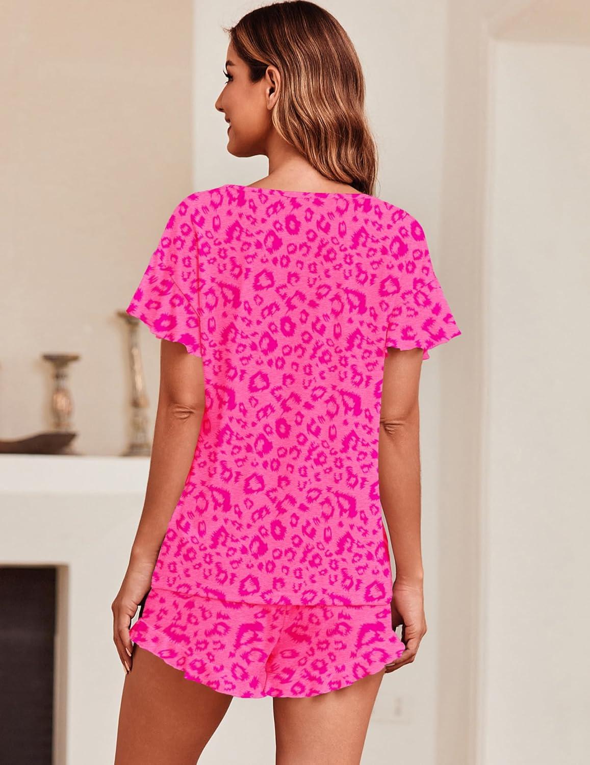 imageEkouaer Womens Pajama Set Ruffle Sleeves Top and Short Soft 2 Piece Loungewear SetHot Pink Leopard