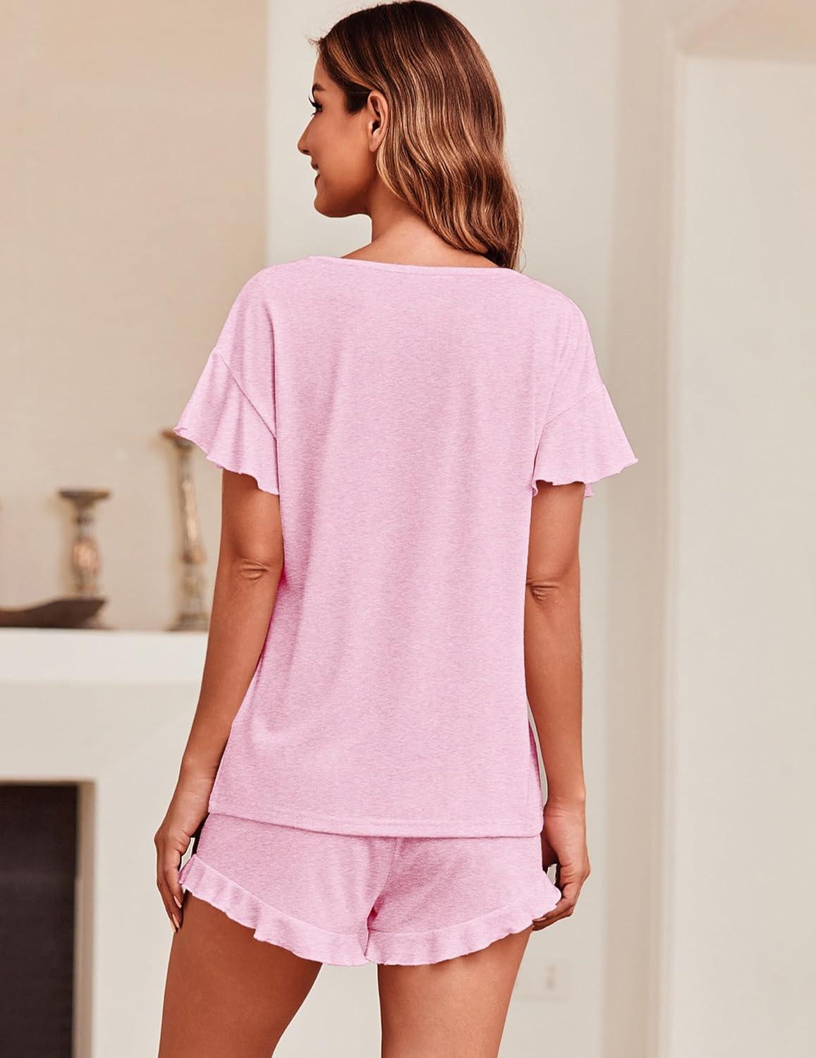 imageEkouaer Womens Pajama Set Ruffle Sleeves Top and Short Soft 2 Piece Loungewear SetIcy Pink