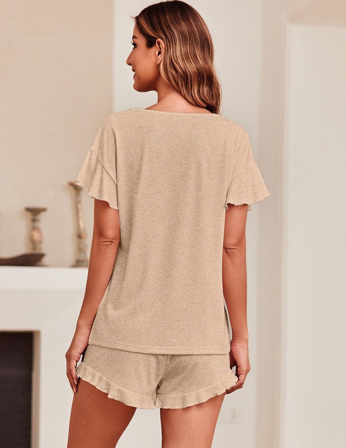 imageEkouaer Womens Pajama Set Ruffle Sleeves Top and Short Soft 2 Piece Loungewear SetKhaki