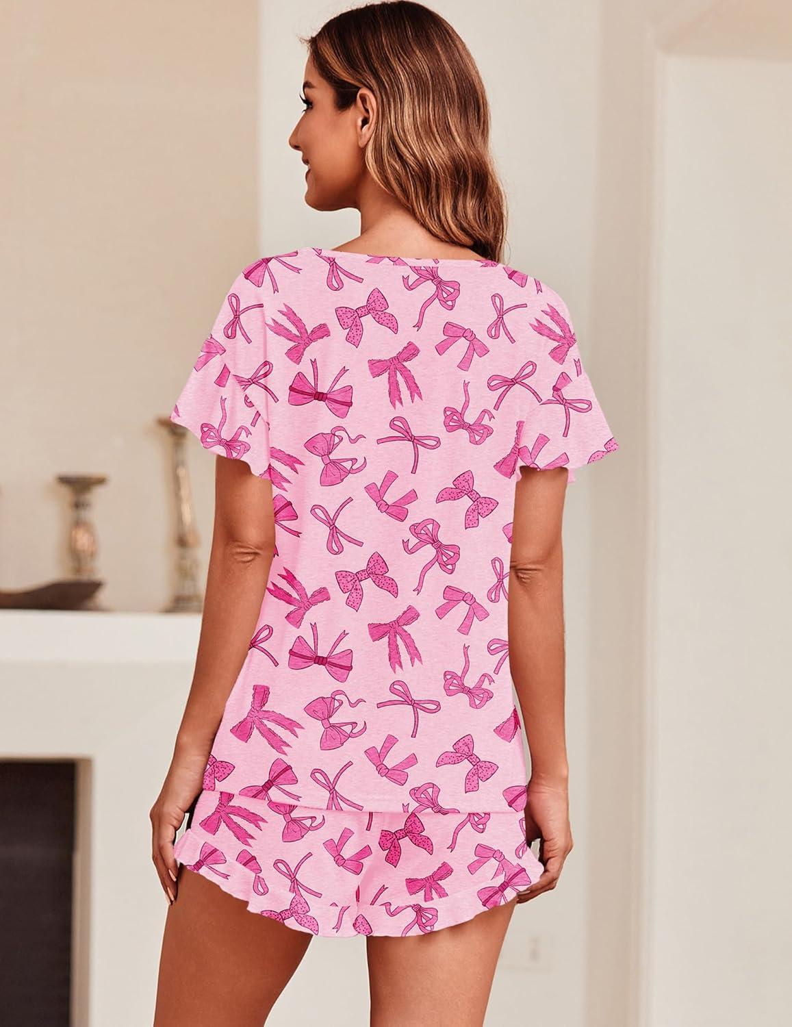 imageEkouaer Womens Pajama Set Ruffle Sleeves Top and Short Soft 2 Piece Loungewear SetPink Bow