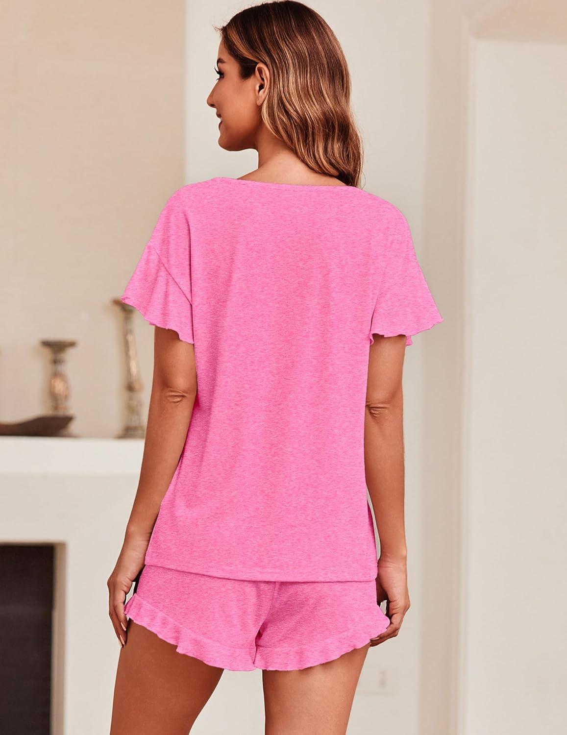 imageEkouaer Womens Pajama Set Ruffle Sleeves Top and Short Soft 2 Piece Loungewear SetPink Cosmos