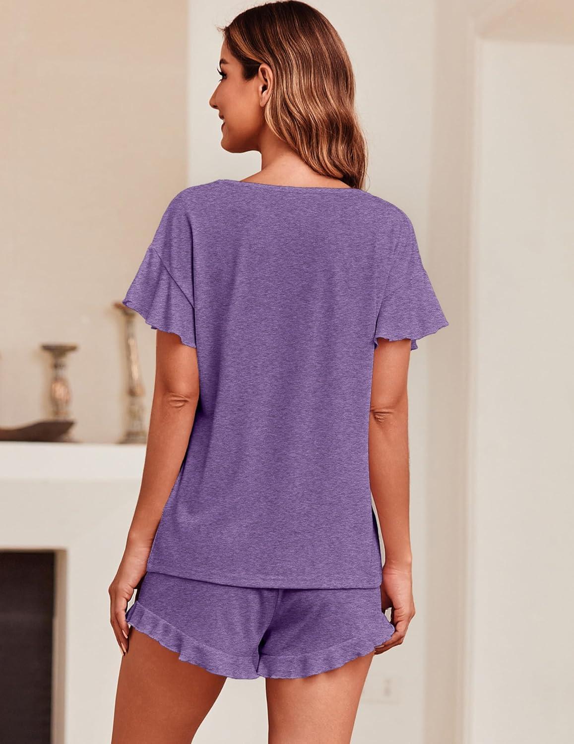 imageEkouaer Womens Pajama Set Ruffle Sleeves Top and Short Soft 2 Piece Loungewear SetPurple