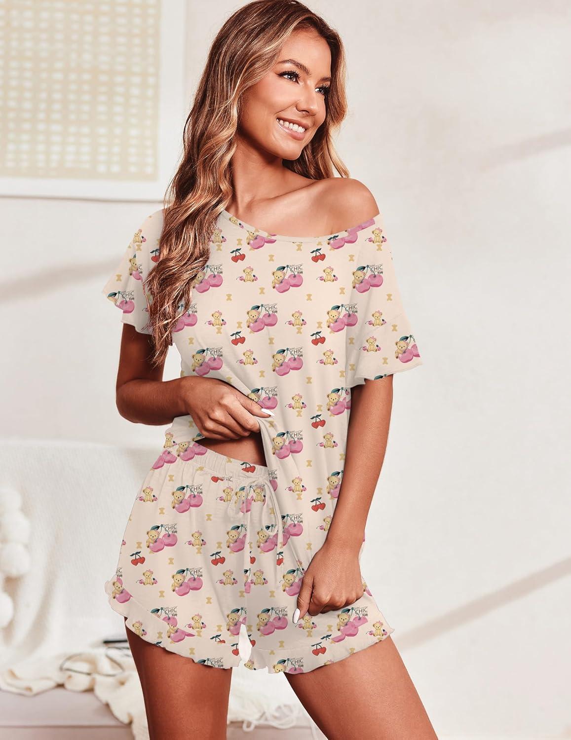 imageEkouaer Womens Pajama Set Ruffle Sleeves Top and Short Soft 2 Piece Loungewear SetTeddy Bearcherry