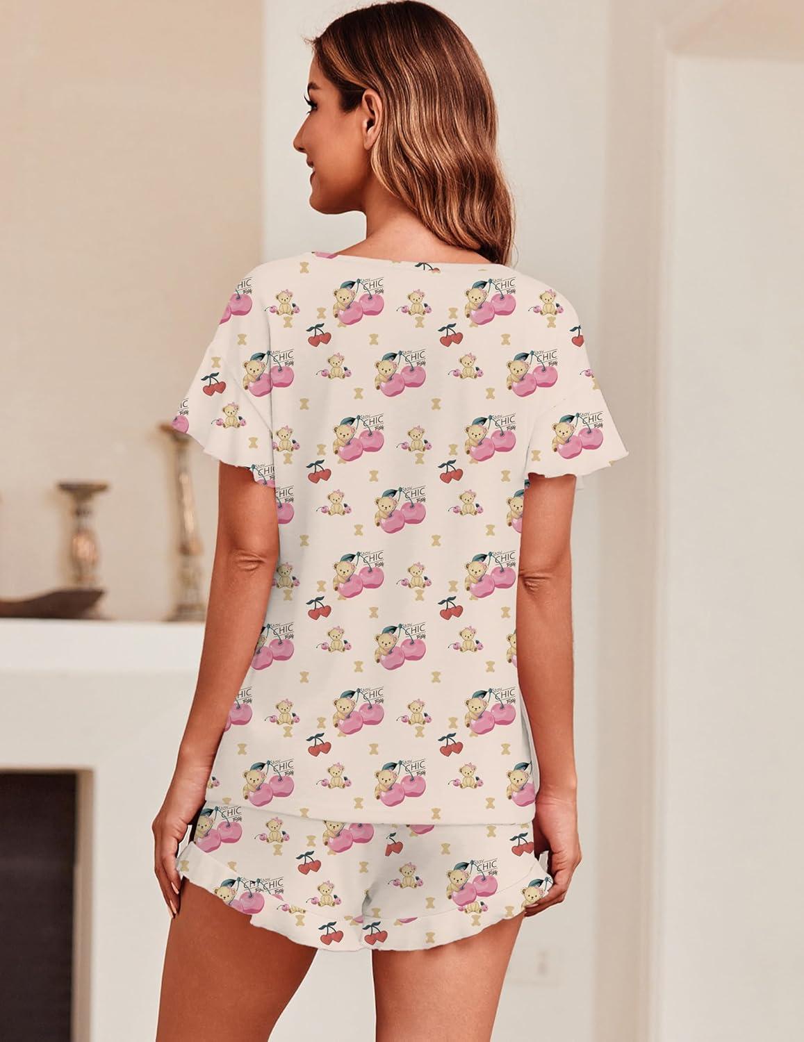 imageEkouaer Womens Pajama Set Ruffle Sleeves Top and Short Soft 2 Piece Loungewear SetTeddy Bearcherry
