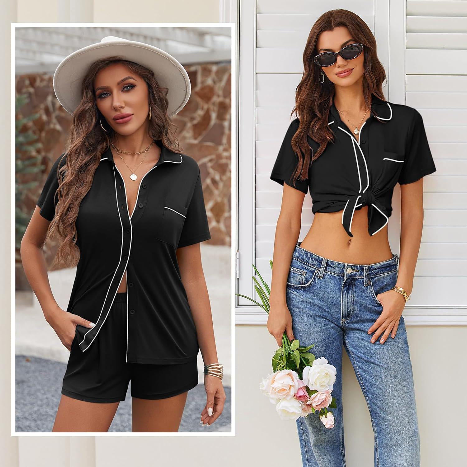 imageEkouaer Womens Pajama Sets Button Down Lounge Set 2 Piece Loungewear Soft Sleepwear Short Sleeve Pjs with PocketsBlack