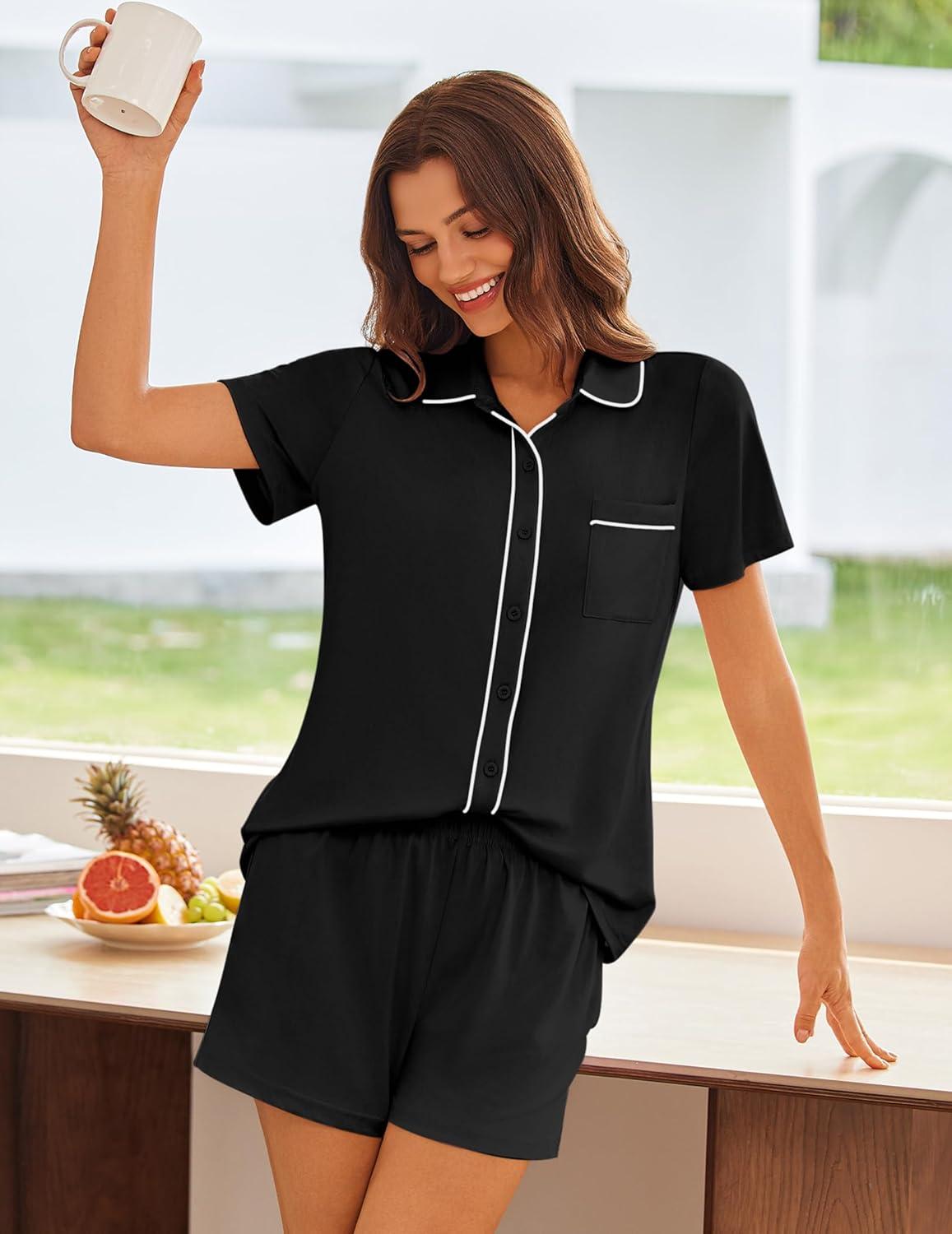 imageEkouaer Womens Pajama Sets Button Down Lounge Set 2 Piece Loungewear Soft Sleepwear Short Sleeve Pjs with PocketsBlack