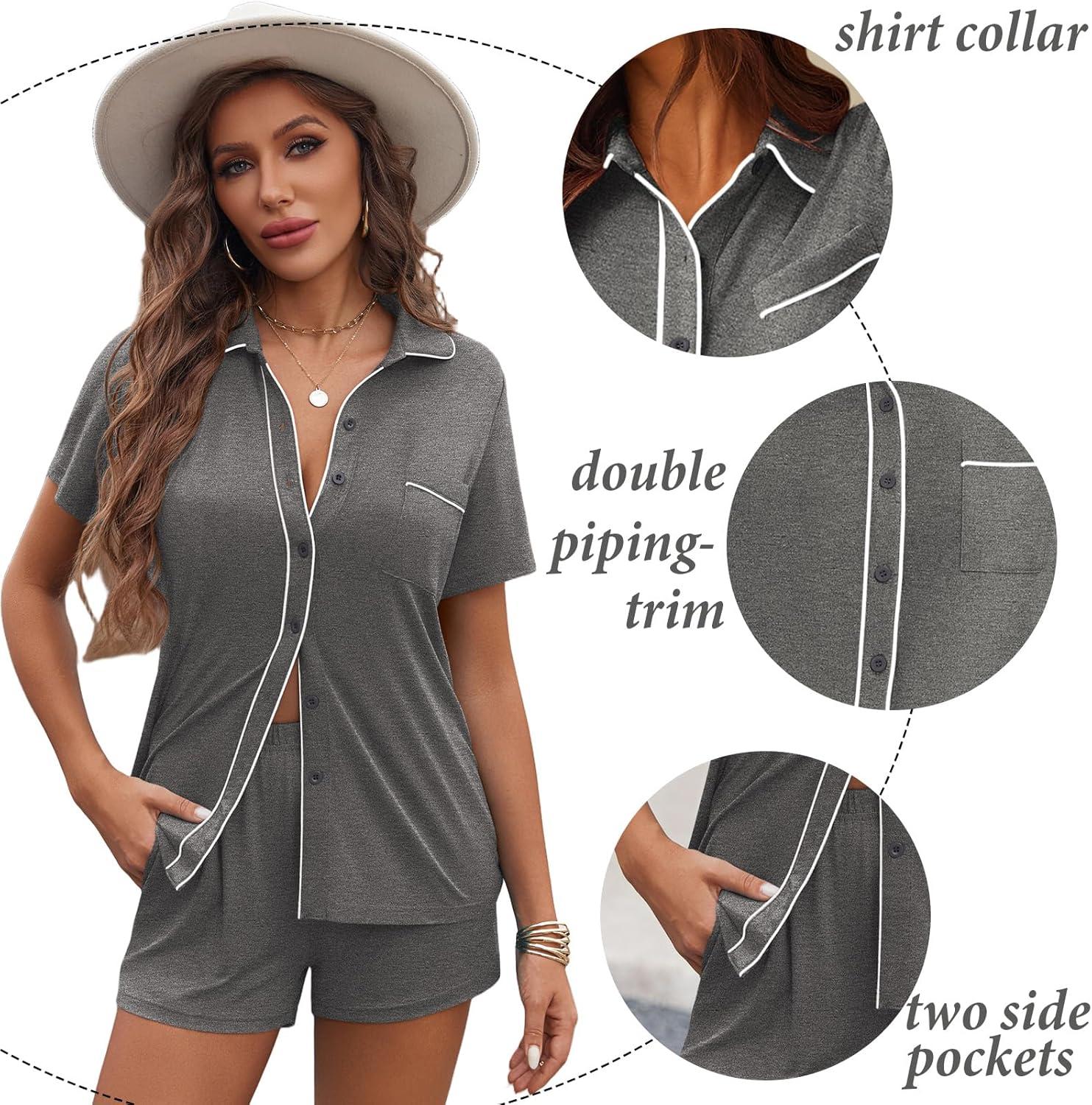 imageEkouaer Womens Pajama Sets Button Down Lounge Set 2 Piece Loungewear Soft Sleepwear Short Sleeve Pjs with PocketsDark Gray