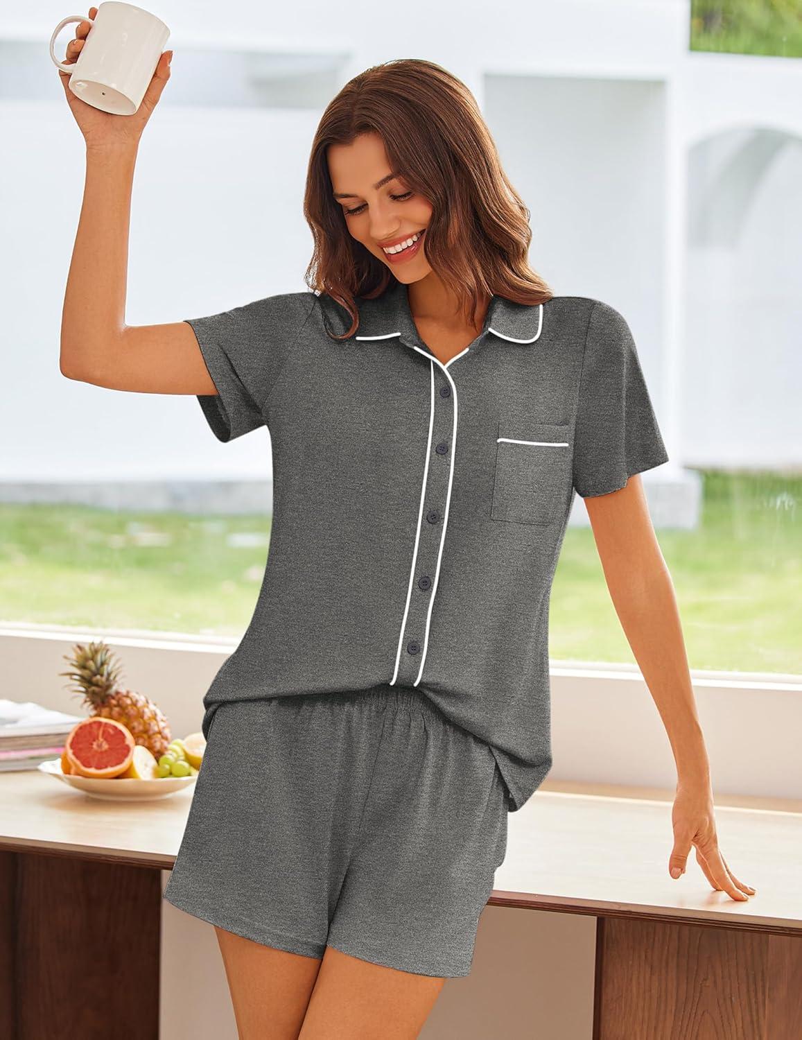 imageEkouaer Womens Pajama Sets Button Down Lounge Set 2 Piece Loungewear Soft Sleepwear Short Sleeve Pjs with PocketsDark Gray