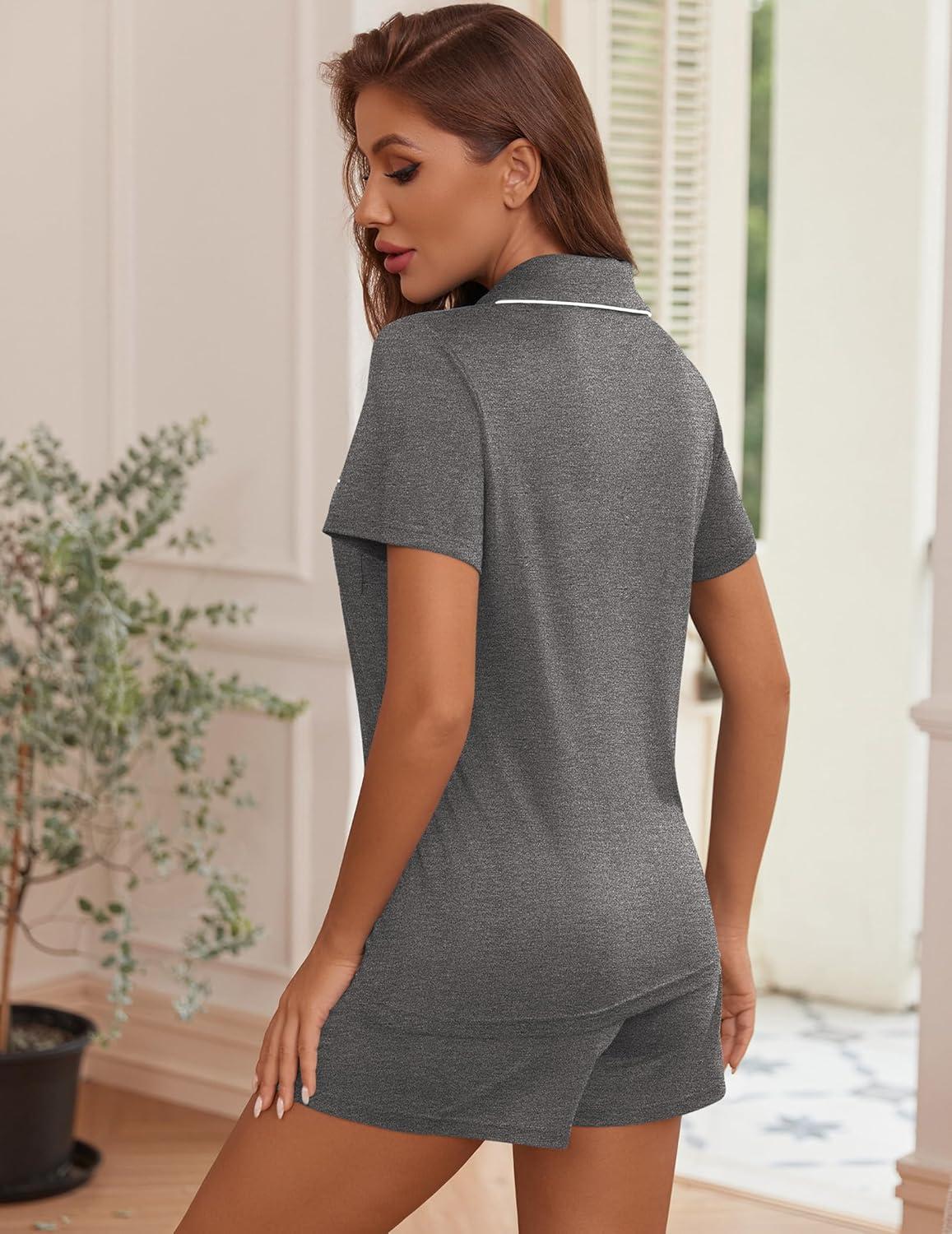 imageEkouaer Womens Pajama Sets Button Down Lounge Set 2 Piece Loungewear Soft Sleepwear Short Sleeve Pjs with PocketsDark Gray