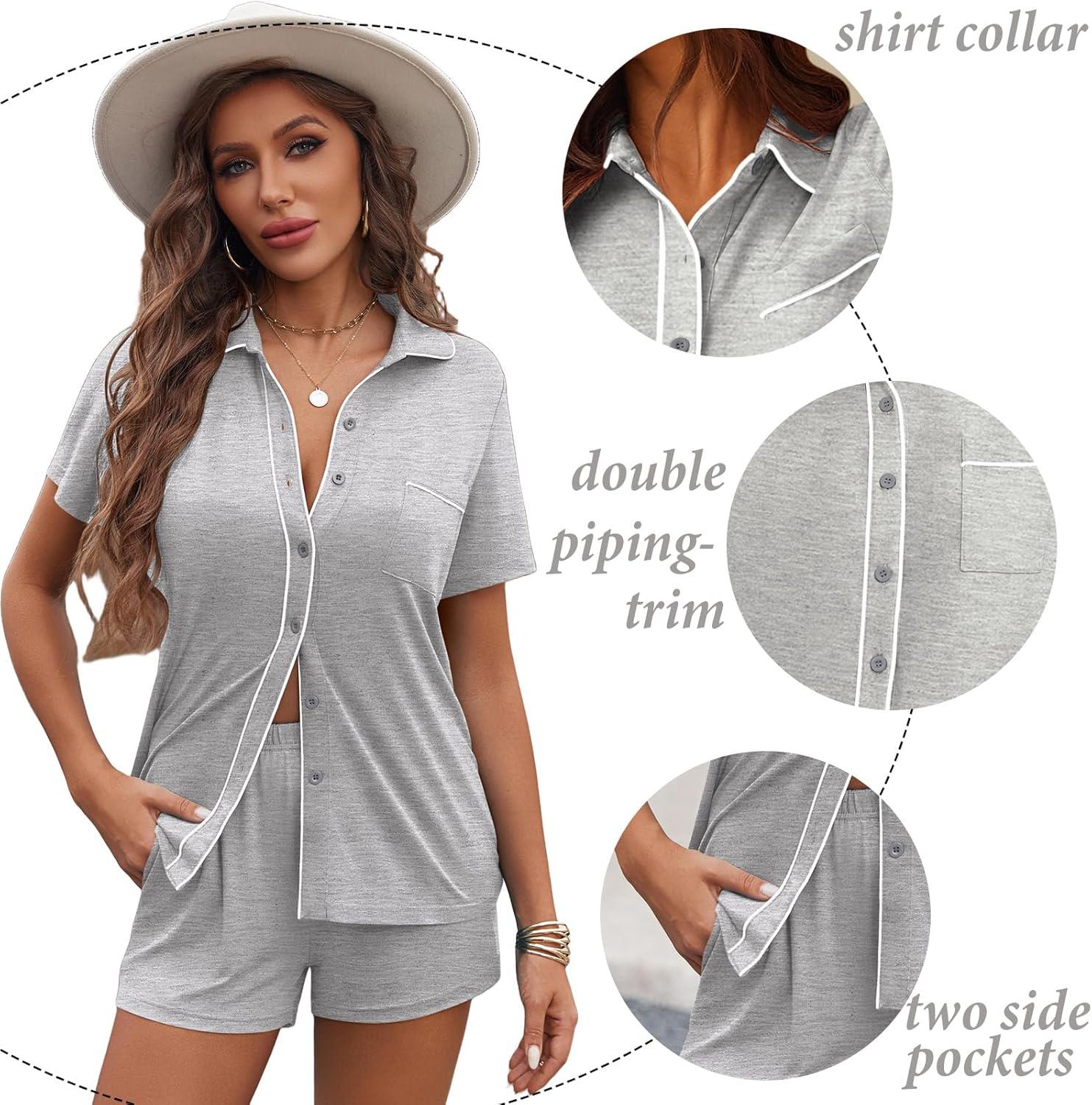 imageEkouaer Womens Pajama Sets Button Down Lounge Set 2 Piece Loungewear Soft Sleepwear Short Sleeve Pjs with PocketsLight Gray