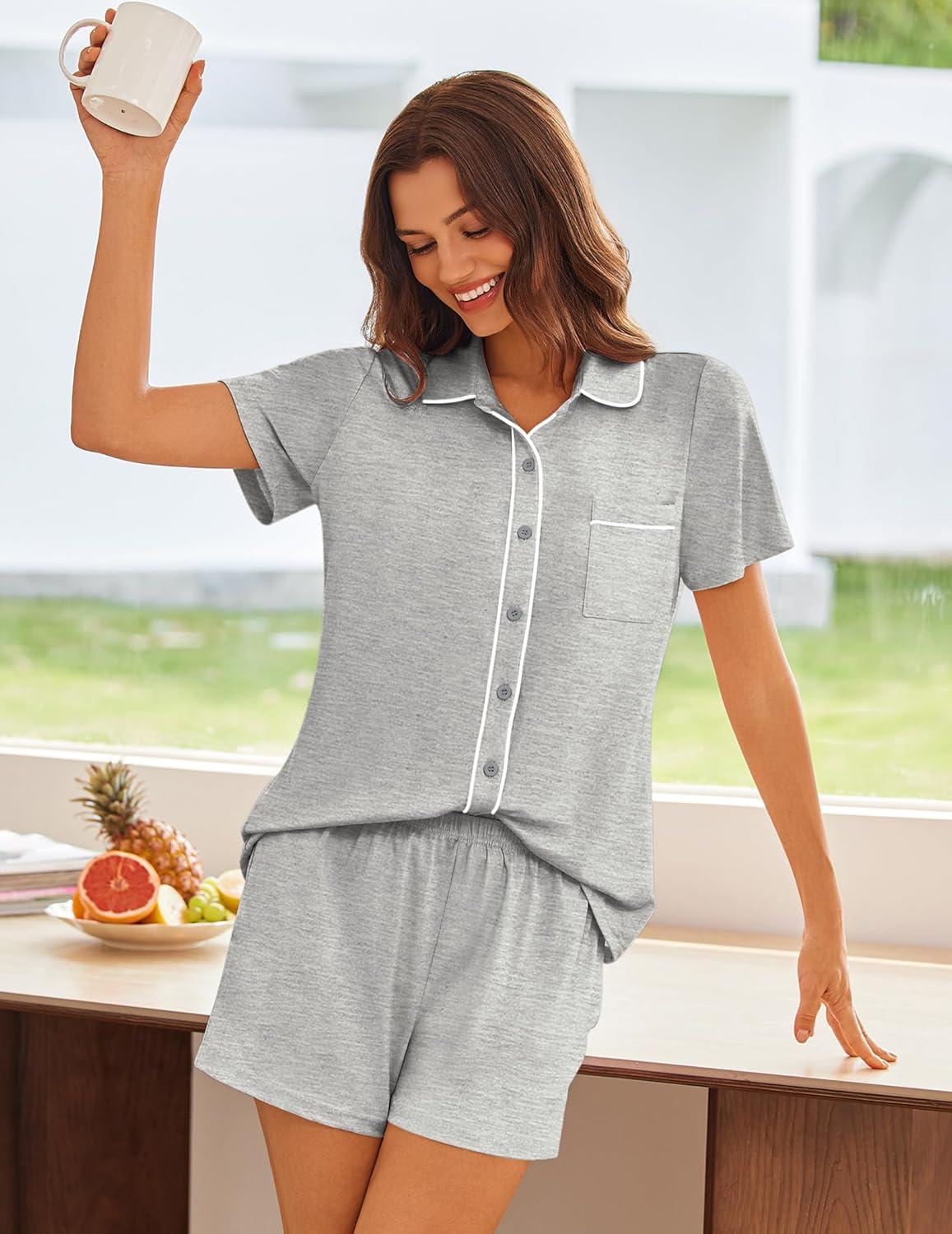 imageEkouaer Womens Pajama Sets Button Down Lounge Set 2 Piece Loungewear Soft Sleepwear Short Sleeve Pjs with PocketsLight Gray