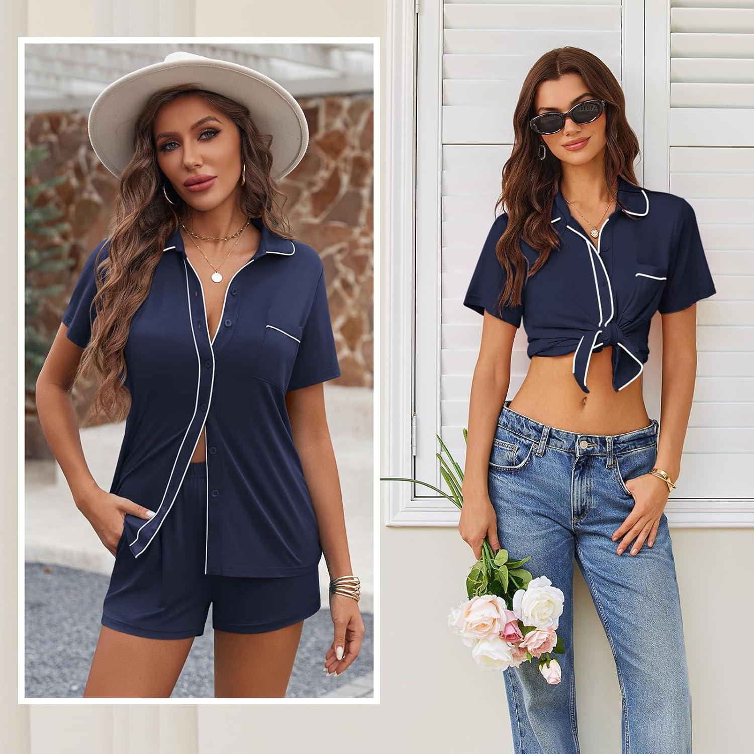 imageEkouaer Womens Pajama Sets Button Down Lounge Set 2 Piece Loungewear Soft Sleepwear Short Sleeve Pjs with PocketsNavy Blue